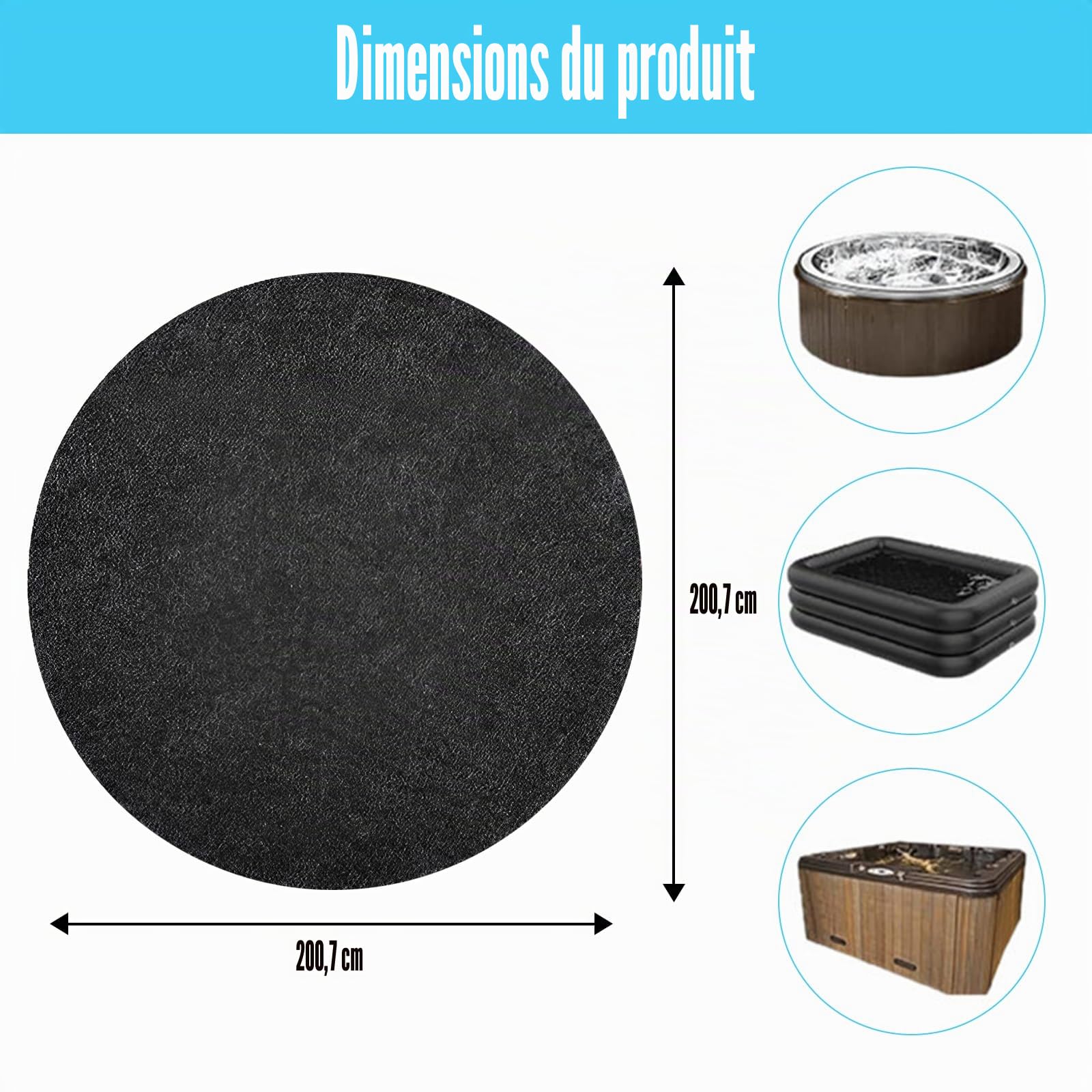 Tapis de Bain à remous, antidérapant, imperméable, réutilisable, Protection de Sol Lavable pour Piscine (Rond, 200 cm)