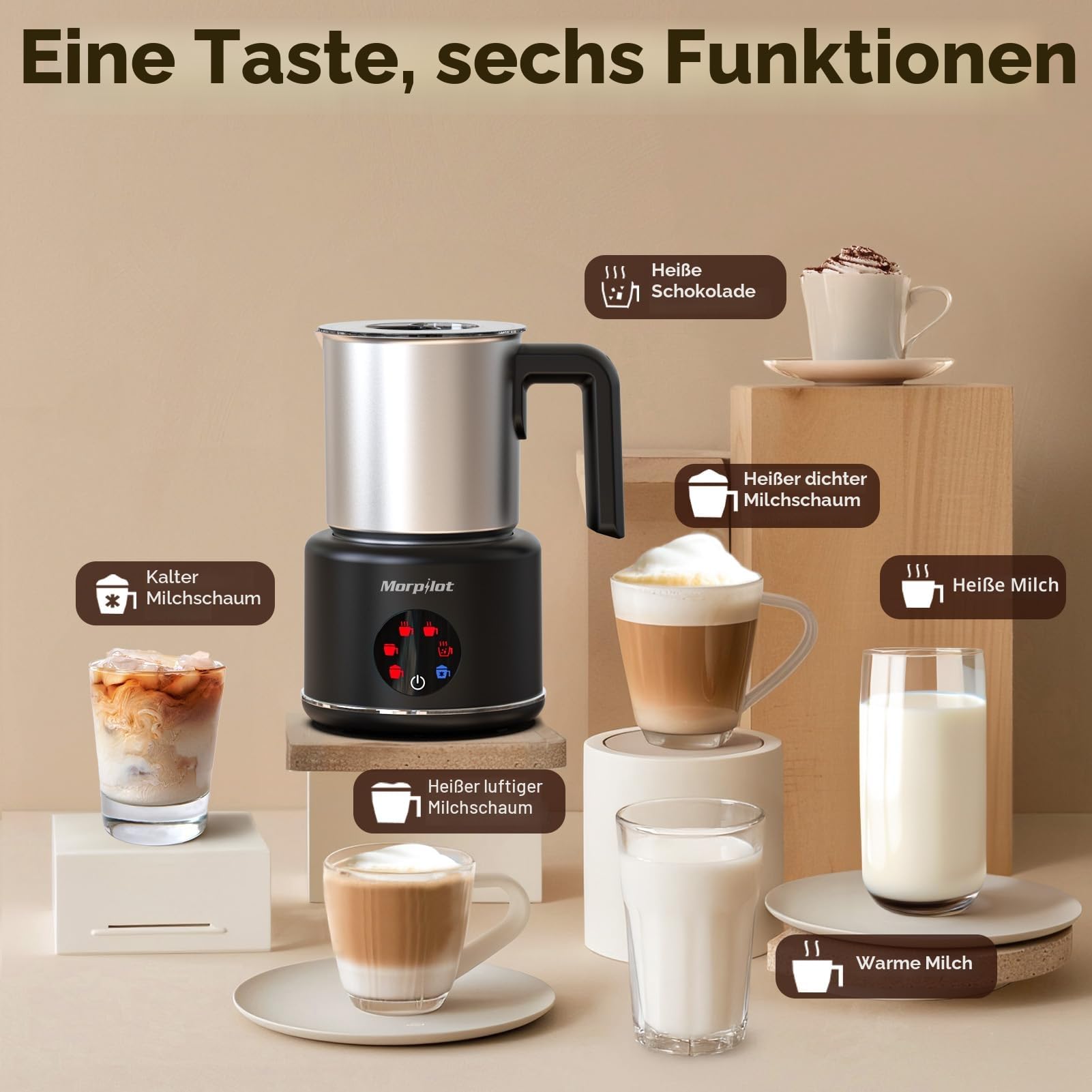 Morpilot Milchaufschäumer Elektrisch, 6 in 1 Milchschäumer für heißer, kalter und heißer Schokolade, 130-500ml, 600W, Antihaftbeschichtung, Latte-Design, Spülmaschinenfest, Edelstahl, Schwarz