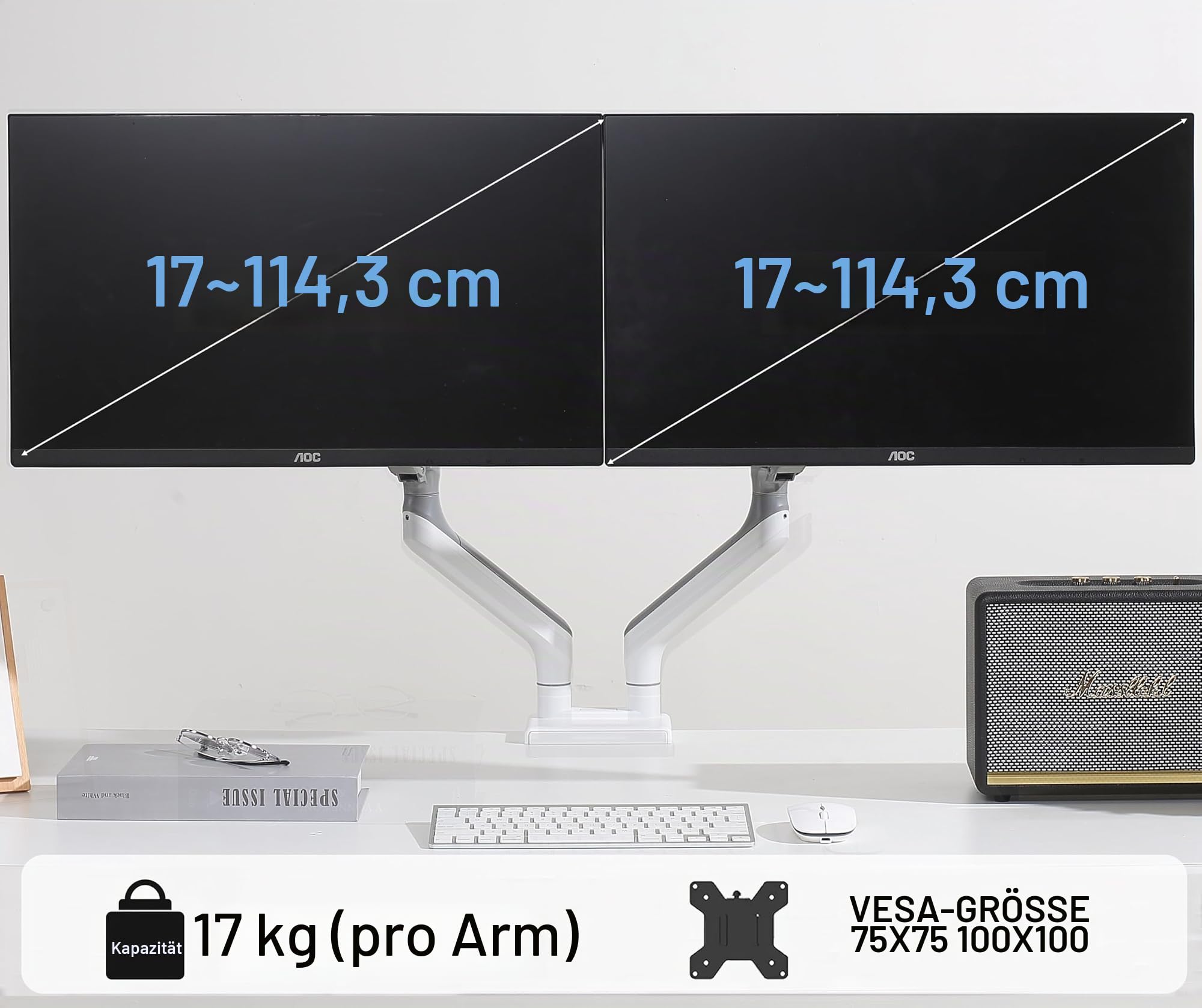 ETHU Heavy-Duty Dual Monitorarm, 2-Fach bis 17kg/17-45 Zoll, Gasfeder-Arme mit Neigung & Höhenverstellung, VESA 75/100, für Flachbildschirm und Curved (Weiß)