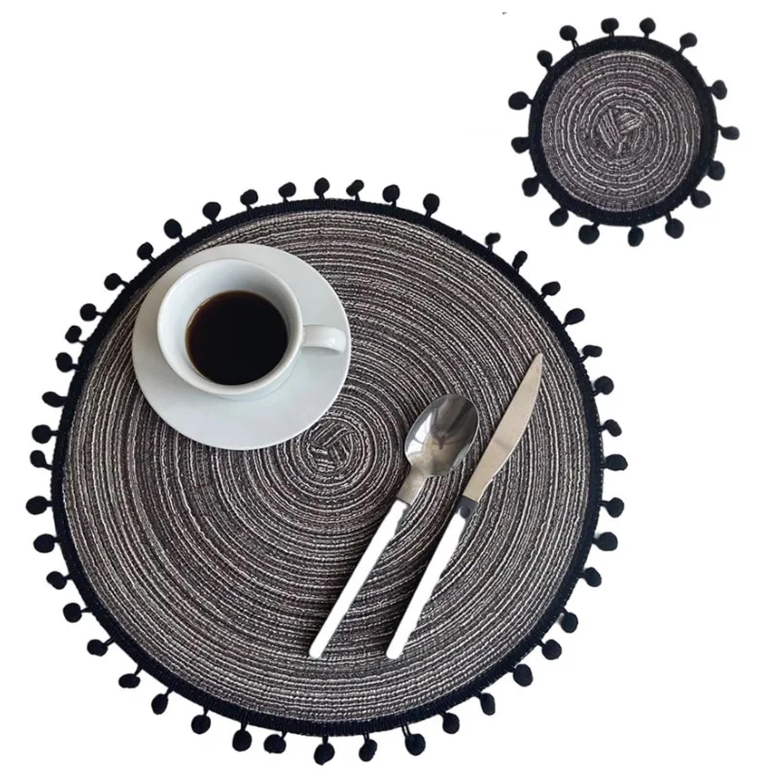 Placemats And Coaster Sets Pompom Placemats and Coaster Set Round Trivet for Hot Dish Vintage Placemat Jute Table Mats(Pom grey)