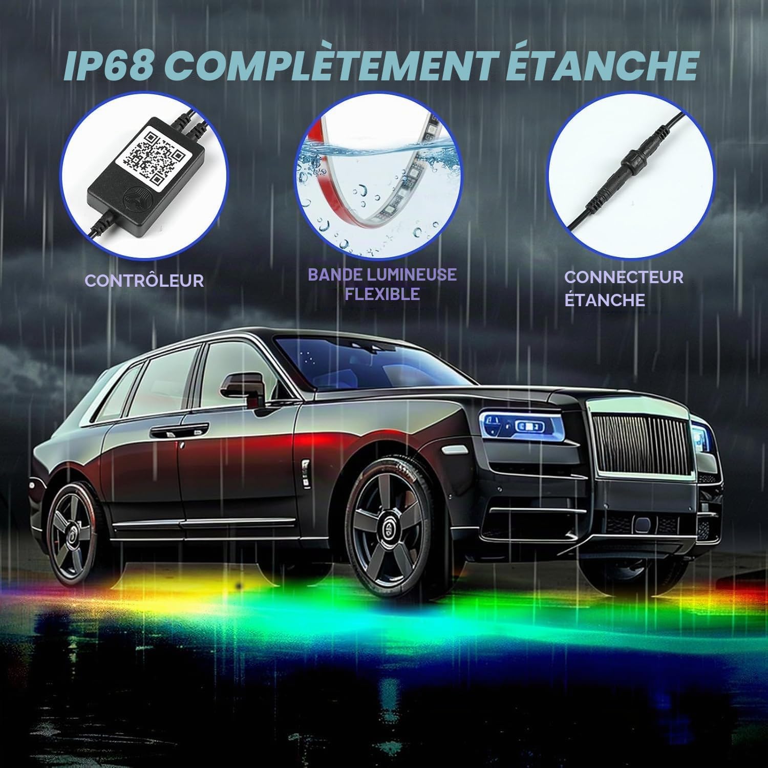 Lot de 4 lumières LED sous-luisantes pour voiture, kit d'application et télécommande RVB multicolore synchronisation de la musique sous l'éclairage de la voiture, bandes néon étanches pour
