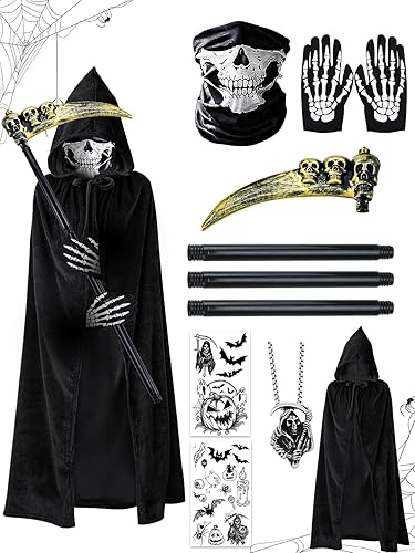 Disfraz de la parca de Halloween para niños y adultos, capa negra con capucha, máscara de calavera y guadaña, guantes de esqueleto