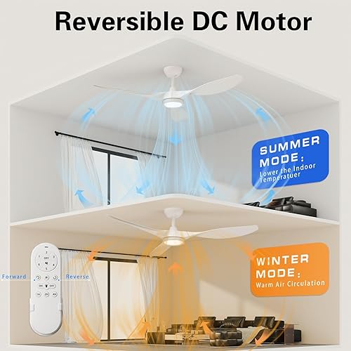Miniatura 5 de Roomratv Ventiladores de techo con luces, gran flujo de aire de 52 pulgadas, moderno ventilador de techo con motor CC bastante reversible, luz LED