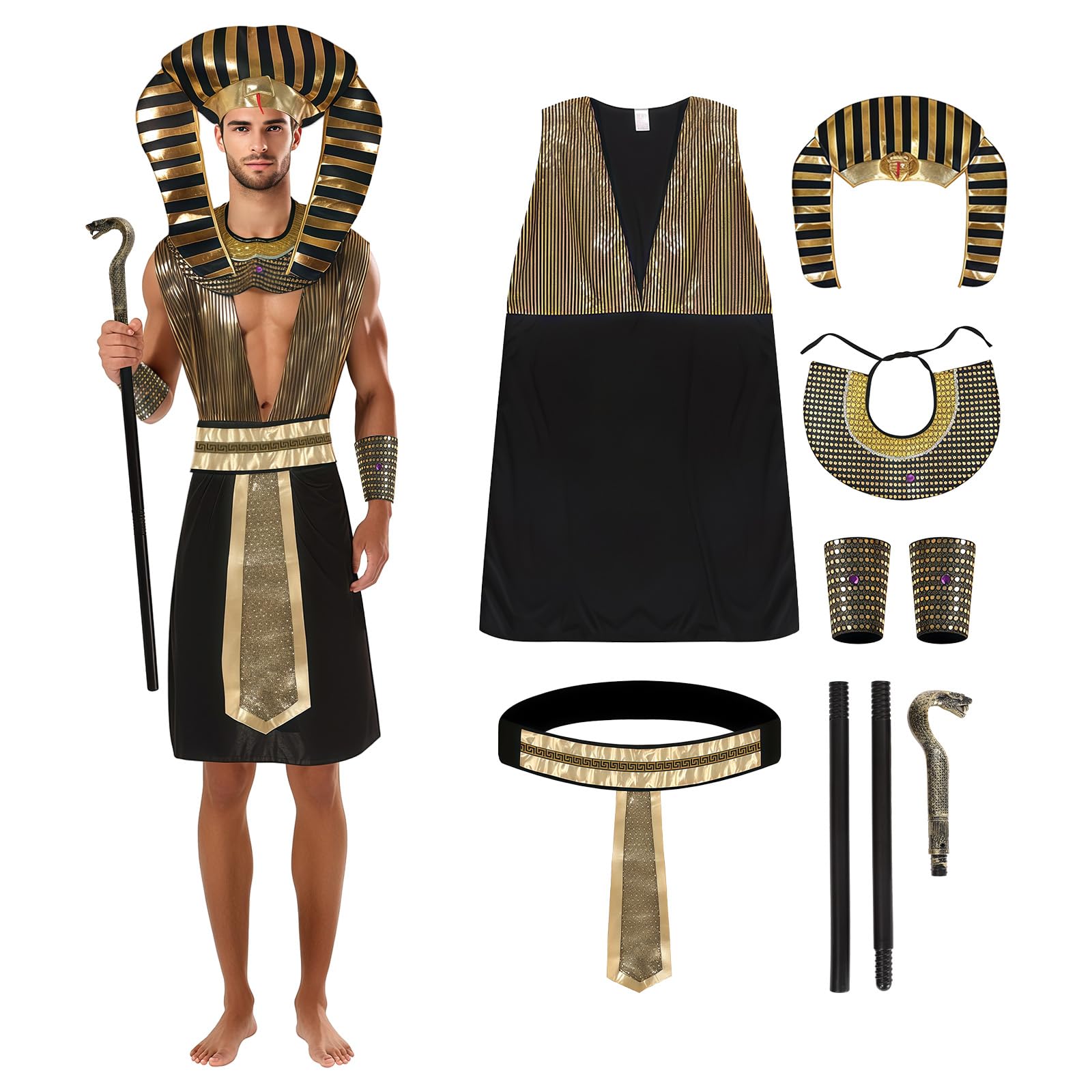 ZZXIAOJIE 6PCS Egyptian Pharaoh Costume Men Ancient Egyptian King Costume with Full Accessories Halloween Cosplay Outfit
