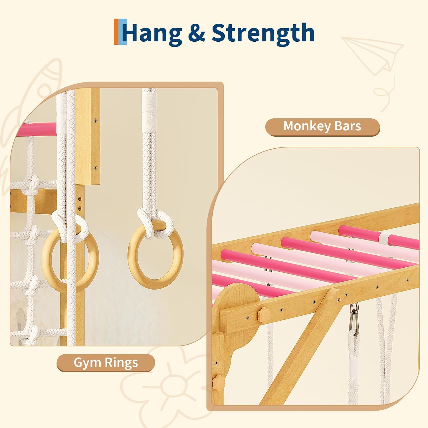 8 in 1 Indoor Jungle Gym Set, Wooden Kids Climbing Structure with Slide and Swing, Monkey Bars Play System with Rope Ladder and Climbing Net, Indoor Playground for Kids Ages 3-10