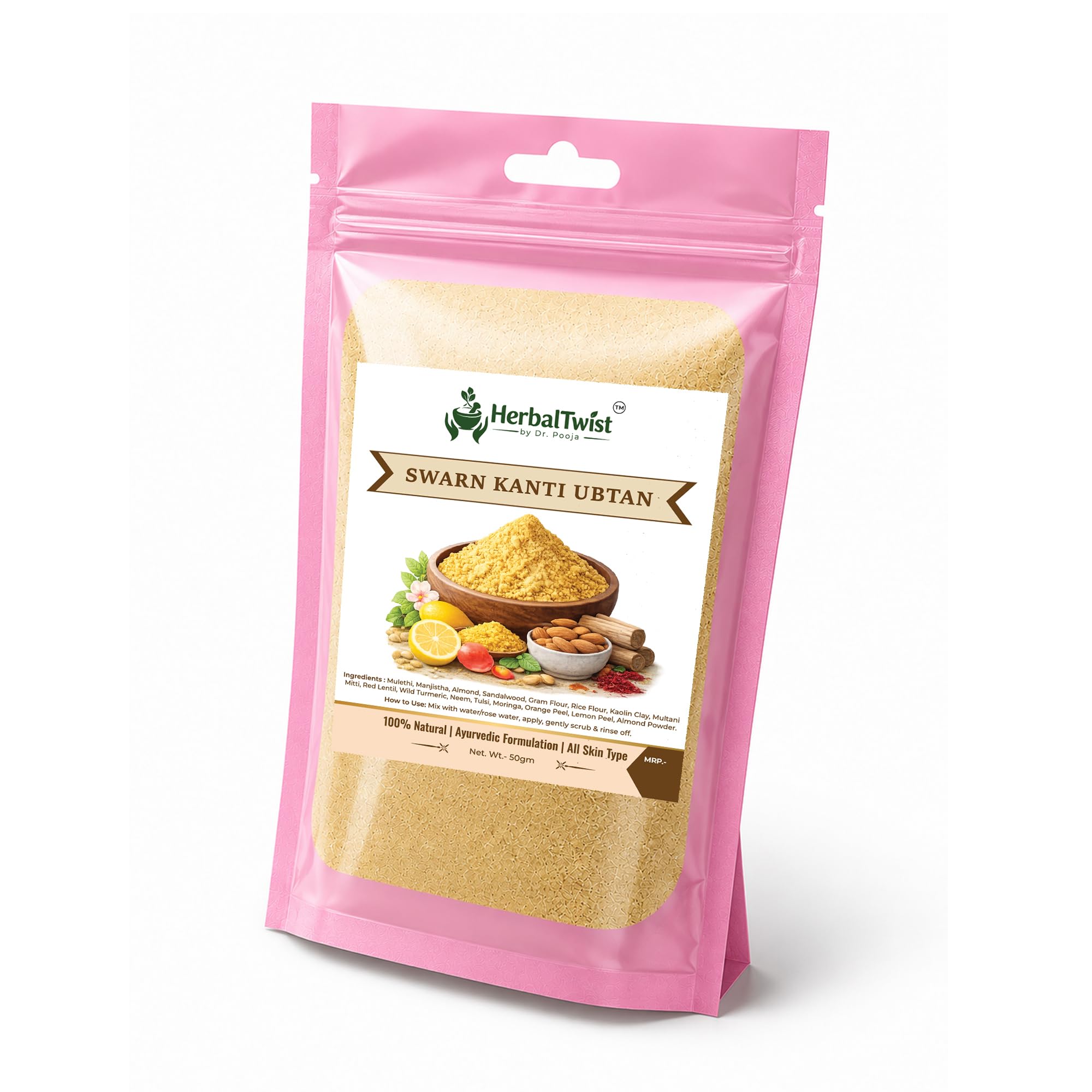 HerbalTwist - by Dr. Pooja Swarna Kanti Ubtan Powder - Natural Ayurvedic Face & Body Pack for Instant Glow, Sun Tan Removal, Dark Spots & Skin Brightening (50gm)-picture-28