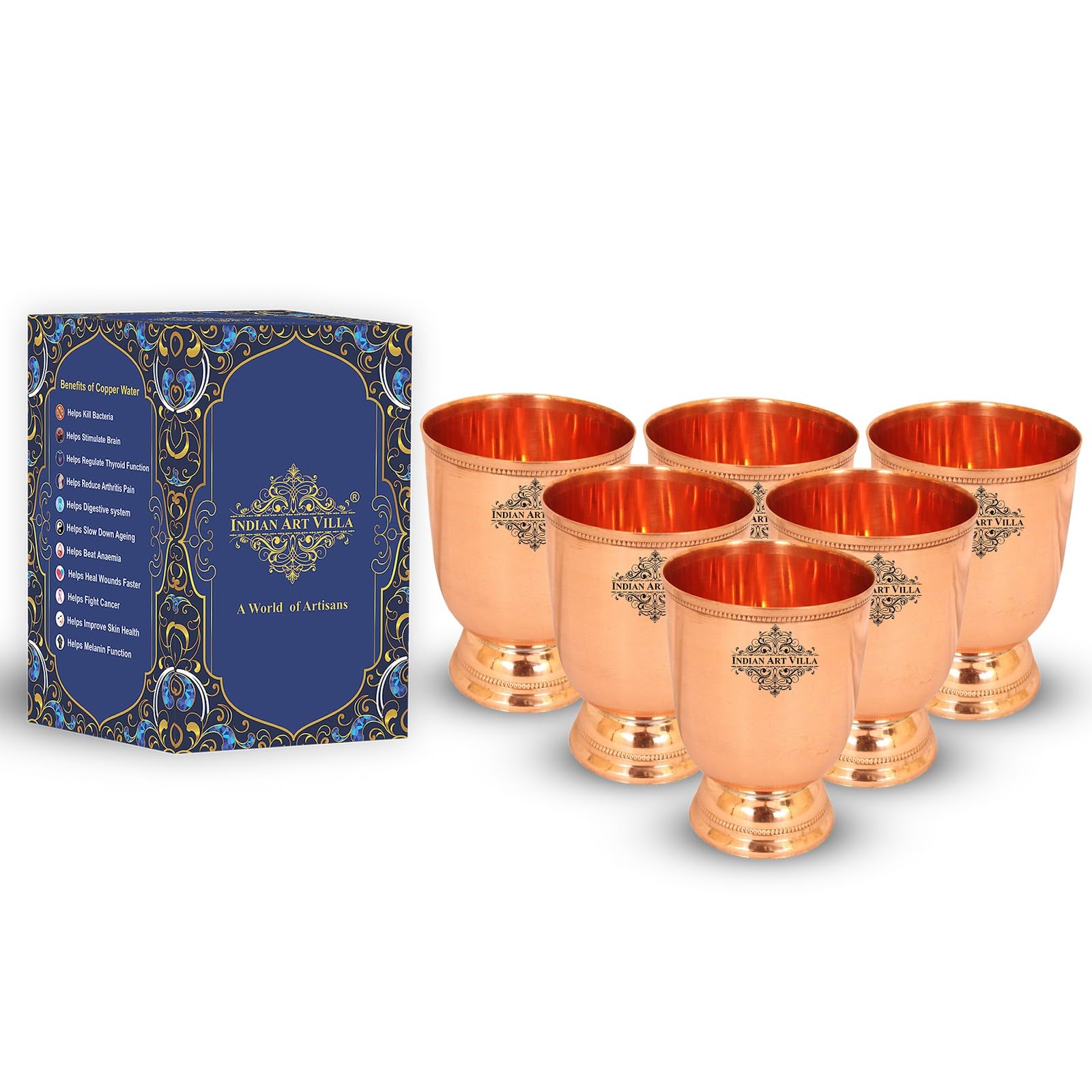Indian Art Villa Copper Goblet Water Tumbler Glass Set of 6 Drinkware Serveware Ideal for Home Gifting Volume-