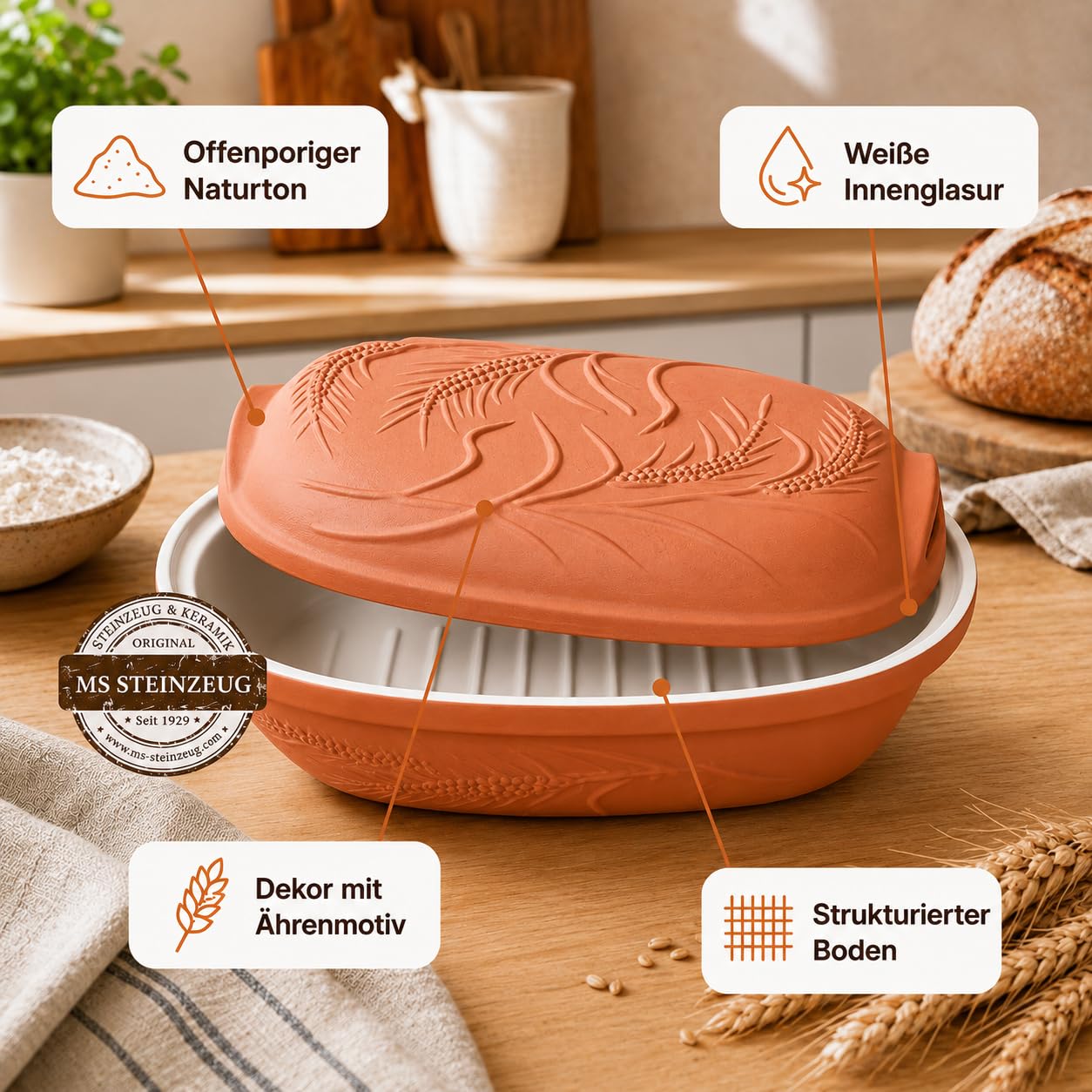 MS Steinzeug Brottopf Terrakotta TerraStone, oval mit Deckel, 38x24x14 cm | Brotbacktopf aus offenporigem Naturton zum Backen und Aufbewahren – speichert Feuchtigkeit für frisches Brot
