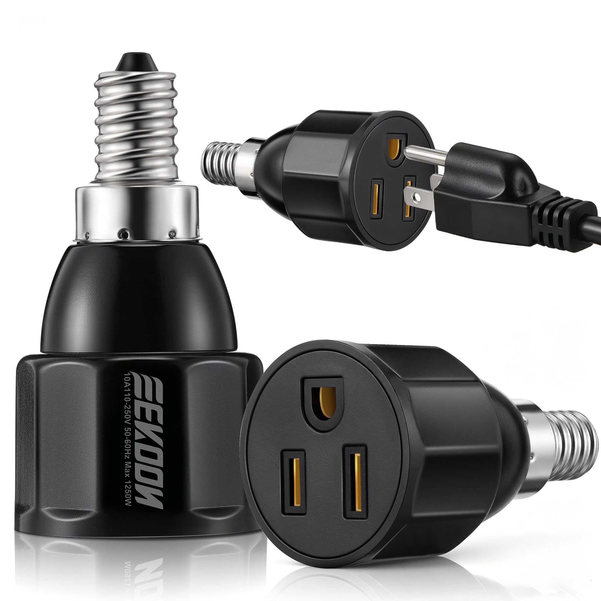 Feekoon 2pcs E12 3 Prong Light Bulb Socket Adapter, Polarized Outlet, Black