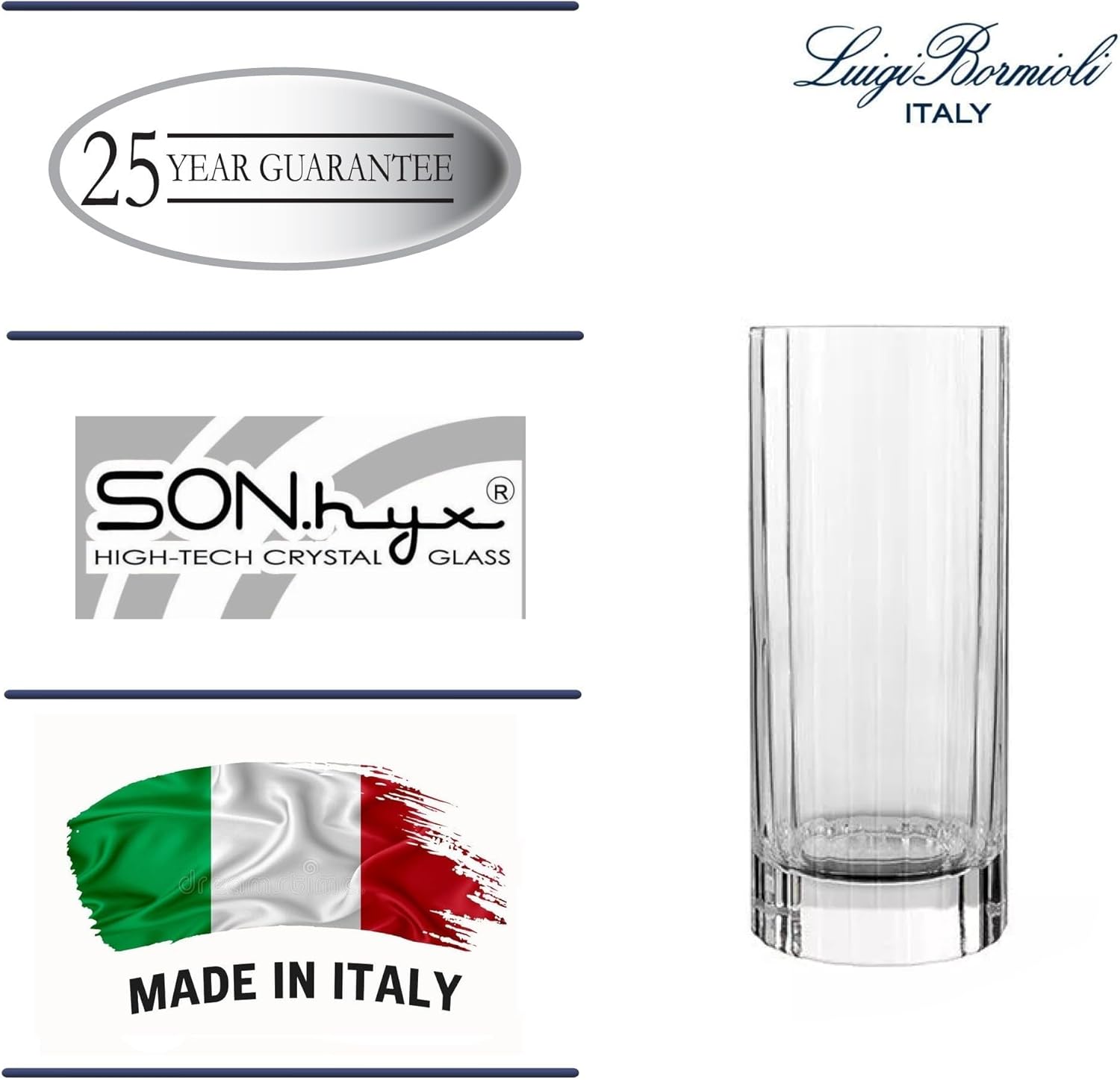 Luigi Bormioli Bach Ribbed Highball Glasses, Made in Italy (Set of 4) - 16.5 Oz Bar Glasses with Heavy Base - Laser Cut Rims Durable Non-Leaded Crystal Drinkware - Dishwasher Safe