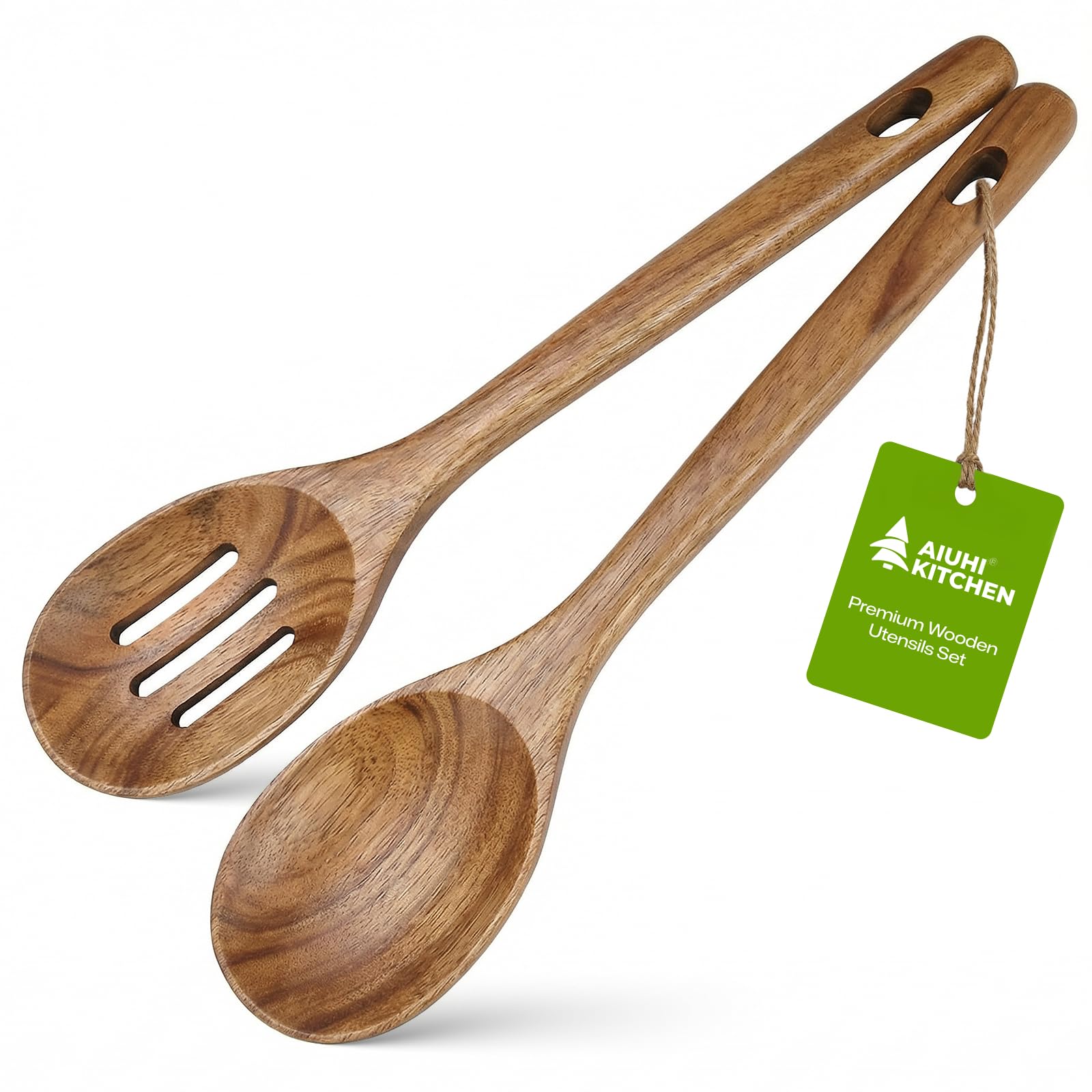 AIUHI Holz-Kochlöffel zum Kochen, kratzfeste Holzlöffel, Set mit Schlitzlöffeln und Servierlöffeln, natürliches Teakholz, Utensilien-Set zum Kochen, Servieren und Mischen, 2 Stück