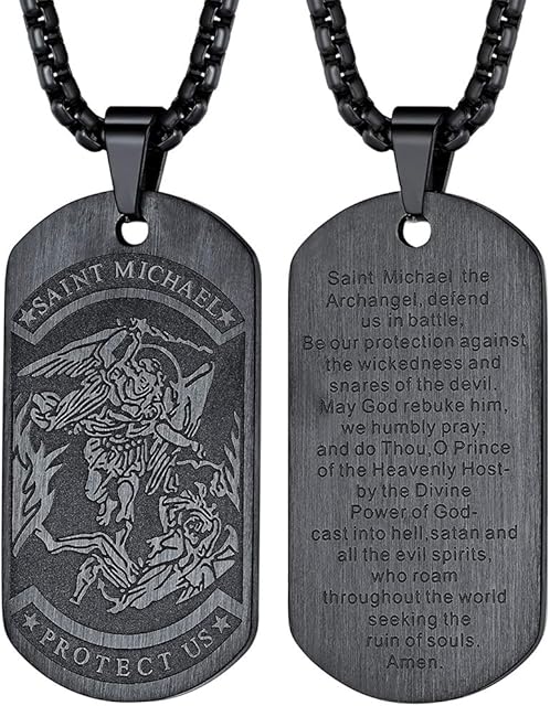 FaithHeart Personalised Saint Michael Necklace Talisman Jewellery Stainless Steel Archangel St Michael Pendant Protection Necklaces Engraved Catholic Jewelry Amulets for Policemen Firefighters