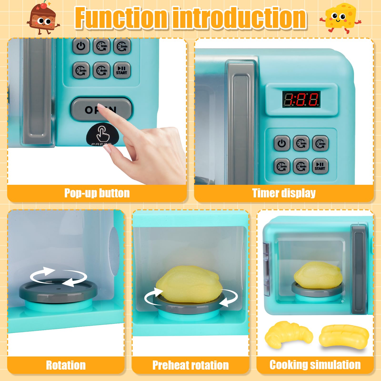 deAO Micro-Ondes Four Toy Cooking Play Kit avec Lumière Réaliste, Sons | Jeu de Cuisine avec Poulet Rôti et Play Fake Foods, Électronique et Aliments de Jeu, Jouets Cuisine Éducatifs pour Enfants