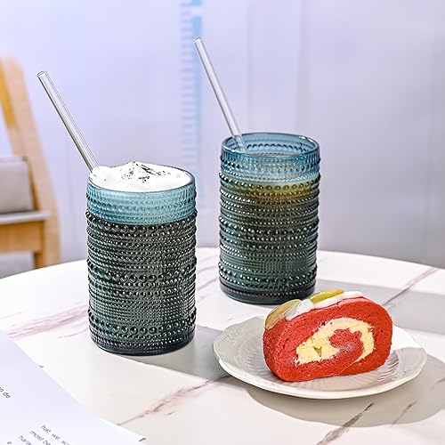 Miniatura 4 de Juego de vasos de vidrio vintage de 6 vasos de vidrio de hobnail de 15 onzas, vaso de agua azul en relieve, para cerveza, cóctel, whisky, jugo y