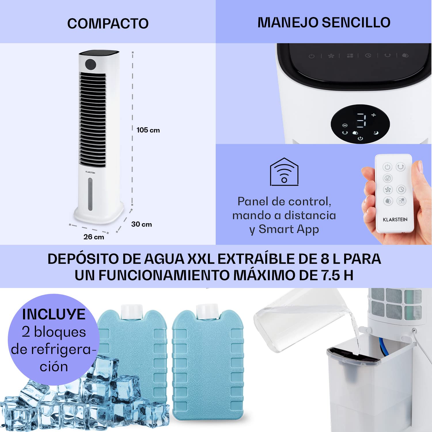 Klarstein Skytower Grand Climatizador Evaporativo – 4-en-1 Ventilador, Enfriador, Purificador & Humidificador, 480 m³/h, Wi-Fi & App Control, Depósito 8L, Oscilación, para Hogar Inteligente, Blanco