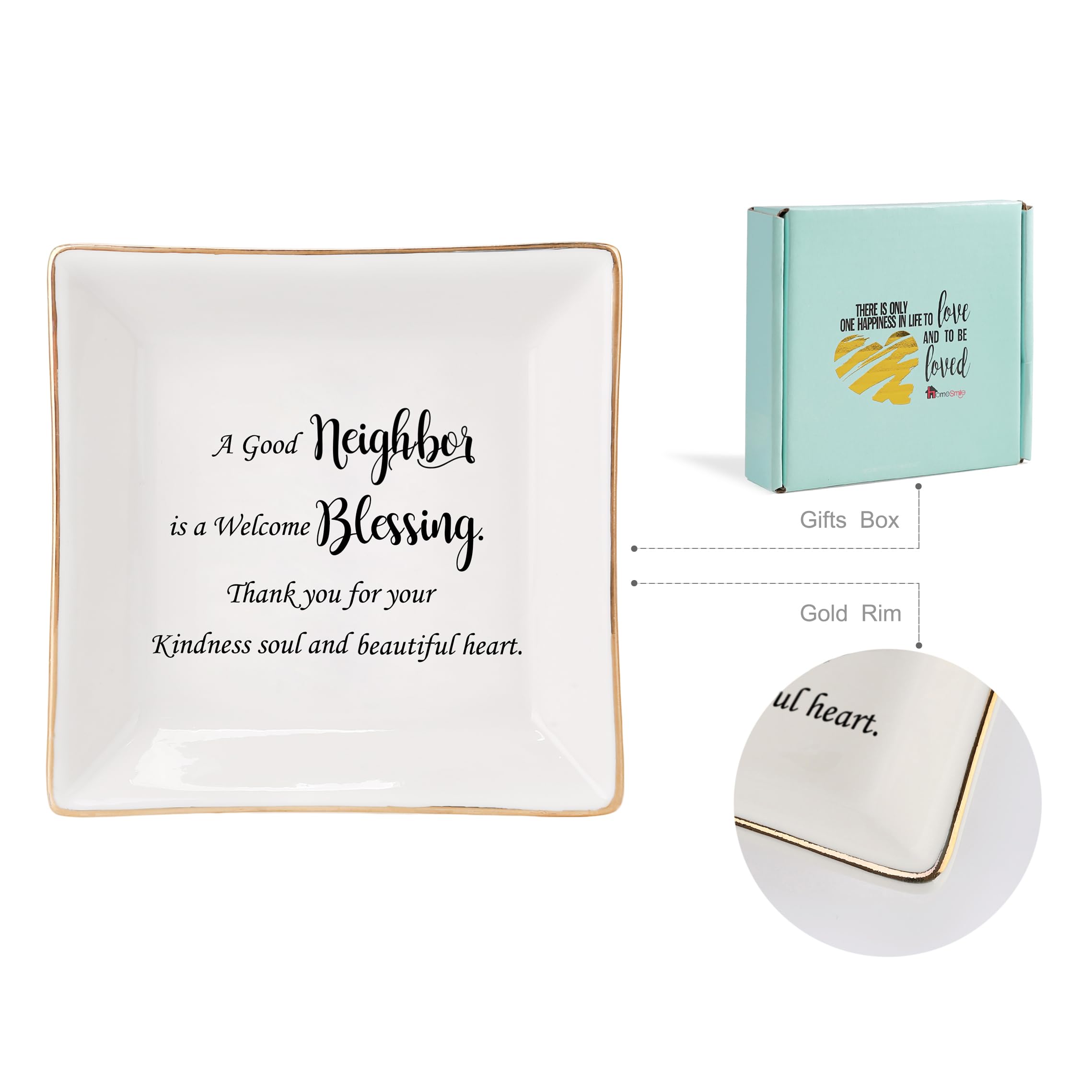 Regalos para vecinos Gracias, regalos para mujeres – Bandeja de cerámica con anillo de cerámica – Un buen vecino es una bendición bienvenida. Gracias por tu alma y un hermoso corazón