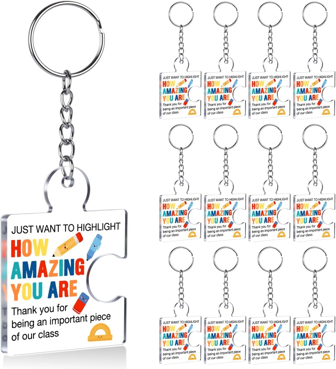 Set of 12 Inspirational End of Year Student Gifts from Teacher Bulk Gift Set Acrylic Keyrings Puzzle Piece Keychains