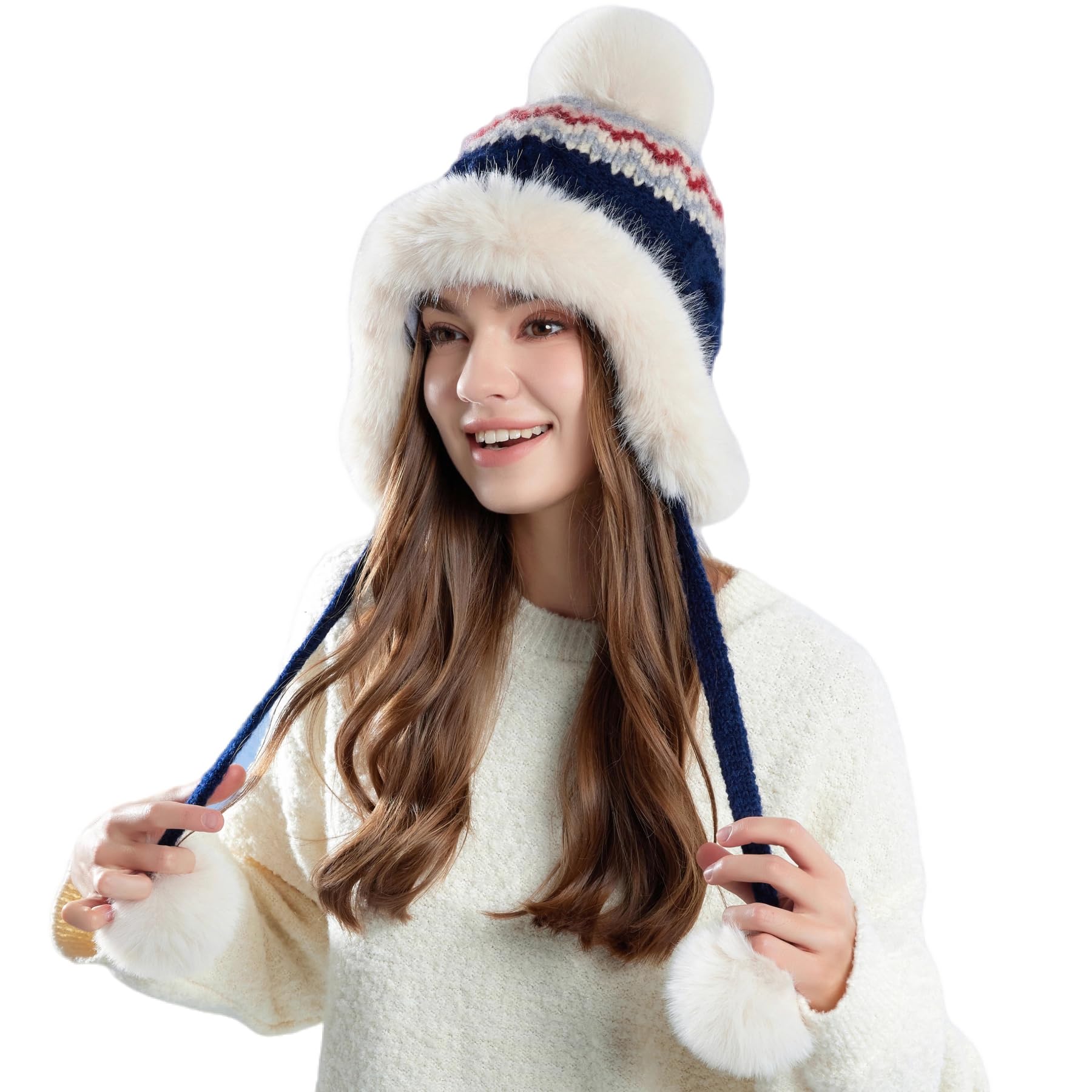 KAICAILA Women's Winter Sherpa Beanie with Ear Flaps & Fleece Lining - Navy Ponytail Hat