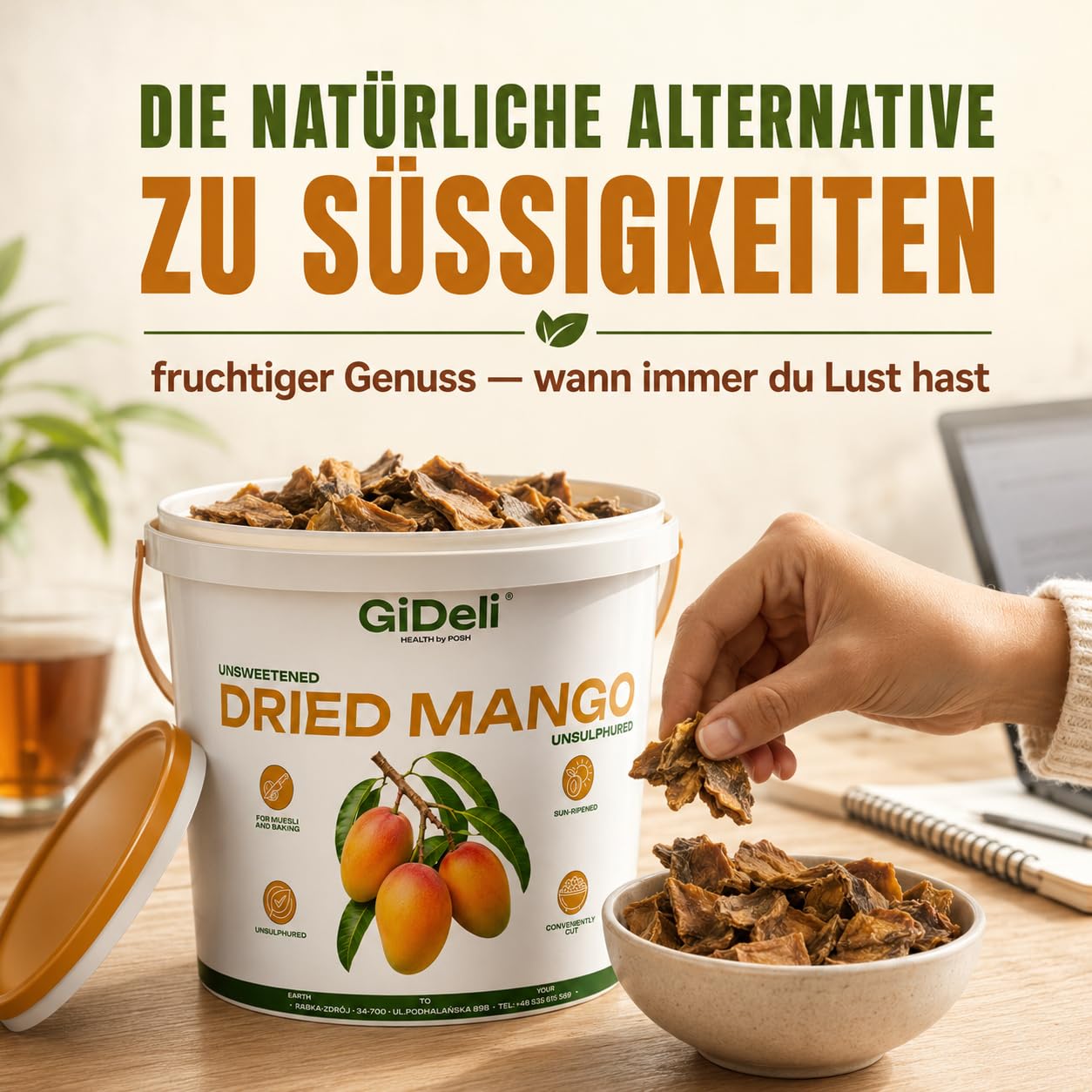 GiDeli Getrocknete Mango Ungesüßt Ungeschwefelt 10kg im Eimer - Naturbelassene Trockenfrucht ohne Zuckerzusatz - Sonnengereifte Mangostreifen - Natürliche Ballaststoffquelle - Ideal für Müsli & Backen