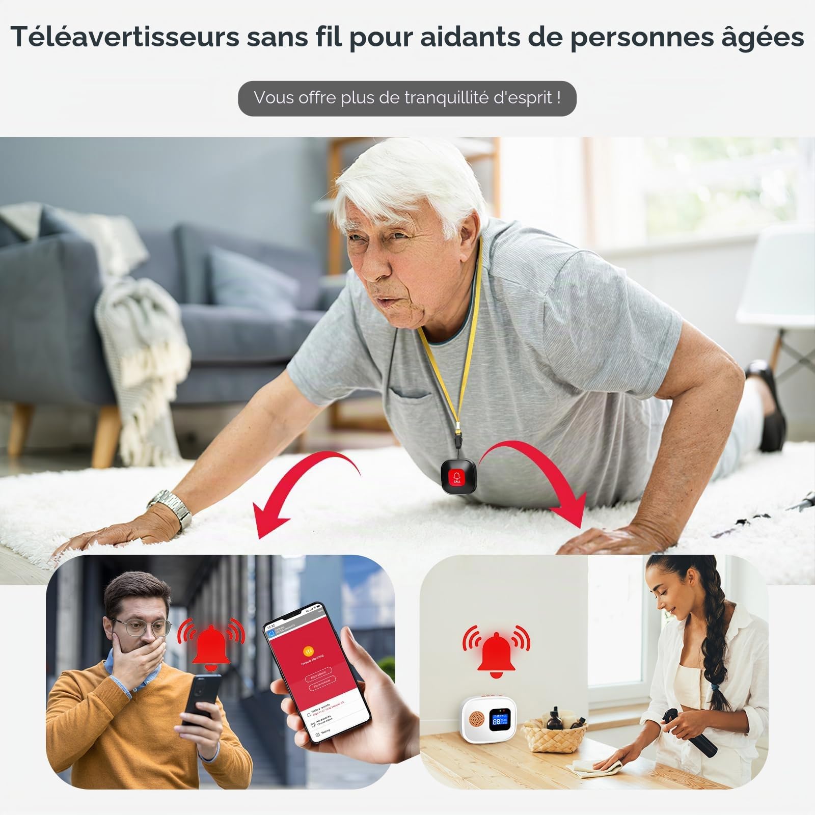 Bouton d'urgence pour personnes âgées, système d'alerte de sonnette d'urgence WiFi intelligent connecté au téléphone, système d'alarme domestique avec bracelet d'urgence pour patients