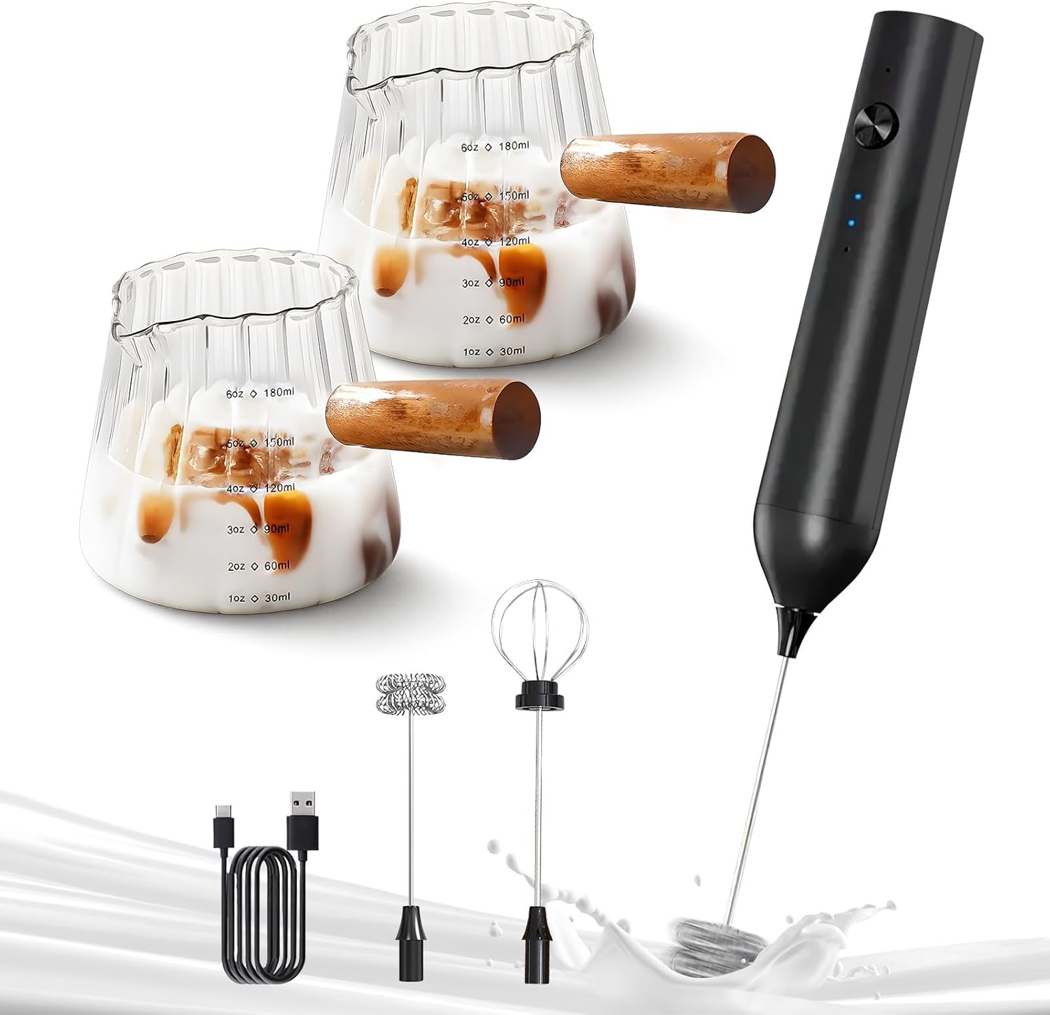 YARRAMATE Powerful Milk Frother Wand & 180ml Glass Measuring Cups