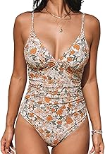 CUPSHE Maillot de Bain Une pièce pour Femme Col en V Profond Bretelles Spaghetti réglables Maillot de Bain froncé Devant Bas du Dos