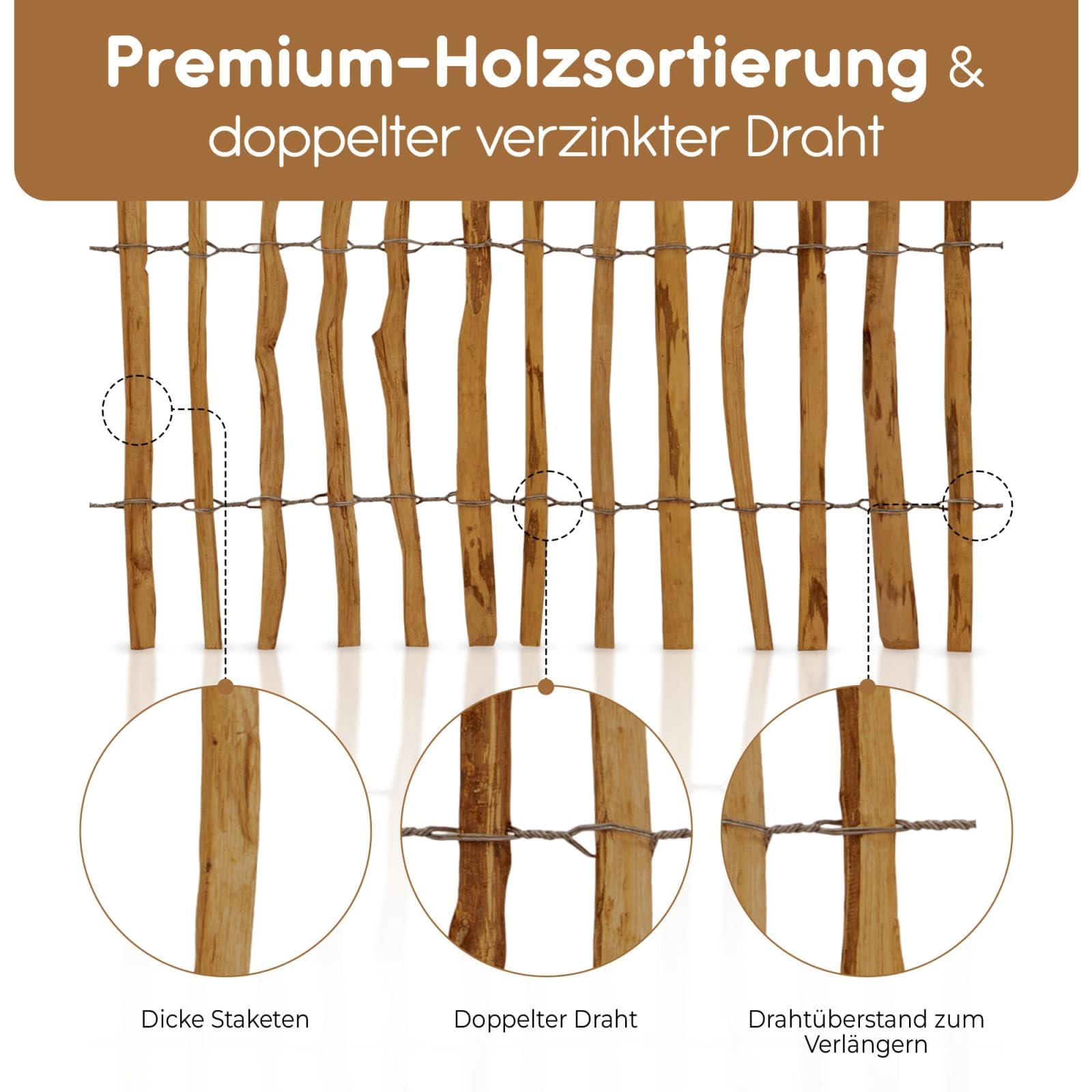 BOOGARDI Gartenzaun Holz in 12 Größen · Staketenzaun 100 cm hoch aus Haselnuss · Holzzaun, Teichzaun, Zaun, Rollzaun, Garten, Sichtschutz, Jägerzaun · 100cm x 5m (Lattenabstand 3-5cm)