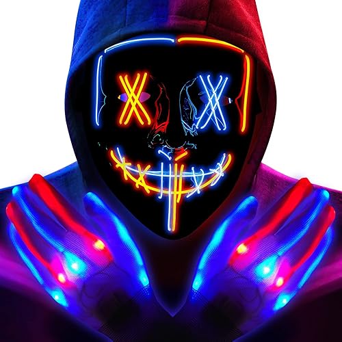 Halloween Led Mask Light Up Scary Mask and skeleton Gloves Purge Mask with 3 Lighting Modes for Halloween Cosplay Costume.