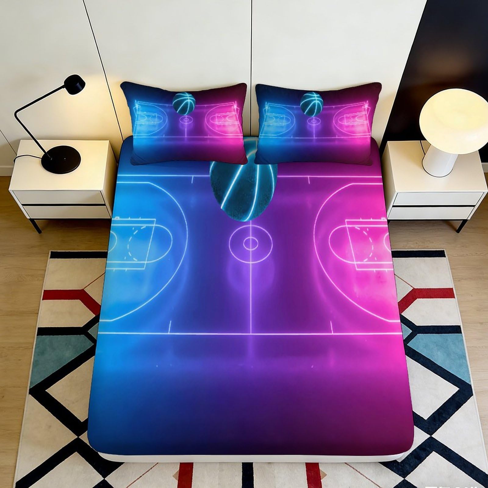 3D Printed Neon Basketball Court Fitted Sheet Microfiber Durable Breathable Purple Blue Bed Cover for Bedroom Dormitory Guest Room Mattress Protection 180x200x25cm