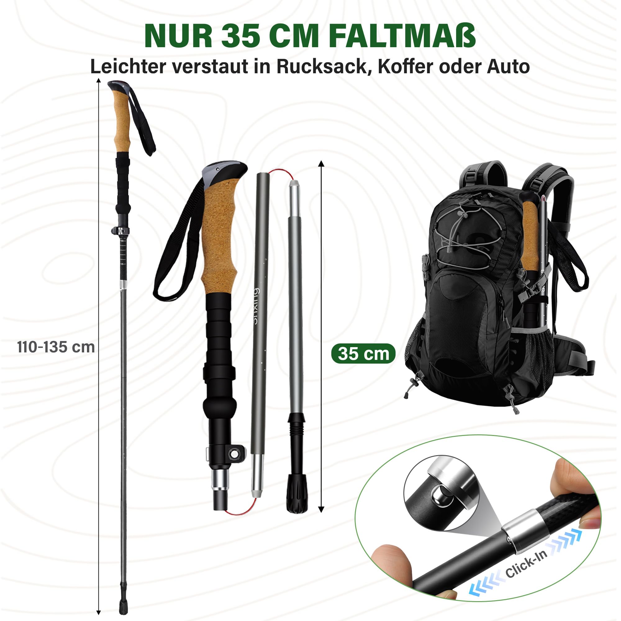 Wanderstöcke faltbar 2er Set, 35 cm, 3K Carbon-Alu | 35 cm Faltmaß; 110–135 cm; 3K Carbon + 7050 Alu; Kork + EVA; Grau für Trekking & Bergwege