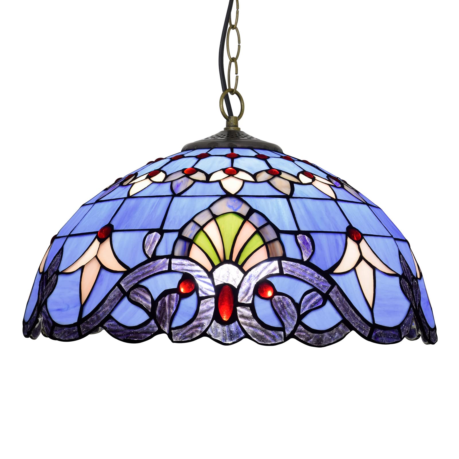 Lampe suspendue Tiffany anti-éblouissement, grand plafonnier vitrail bleu 40cm