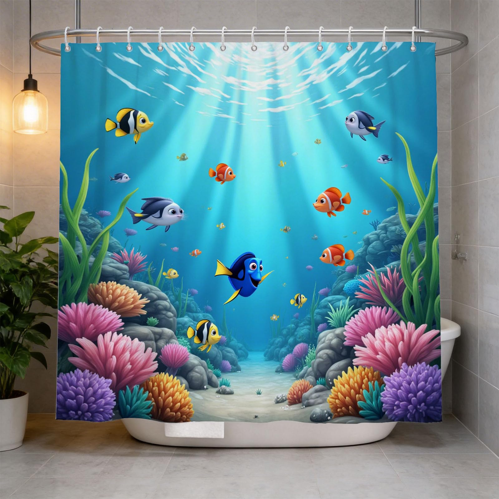 Hongduo 3D Coral and Fish Shower Curtain for Stalls Bathtubs Marine Life Bathroom Decor Shower Curtain Set Polyester Fabric Waterproof 200x200cm/79X79 Inch with Hooks