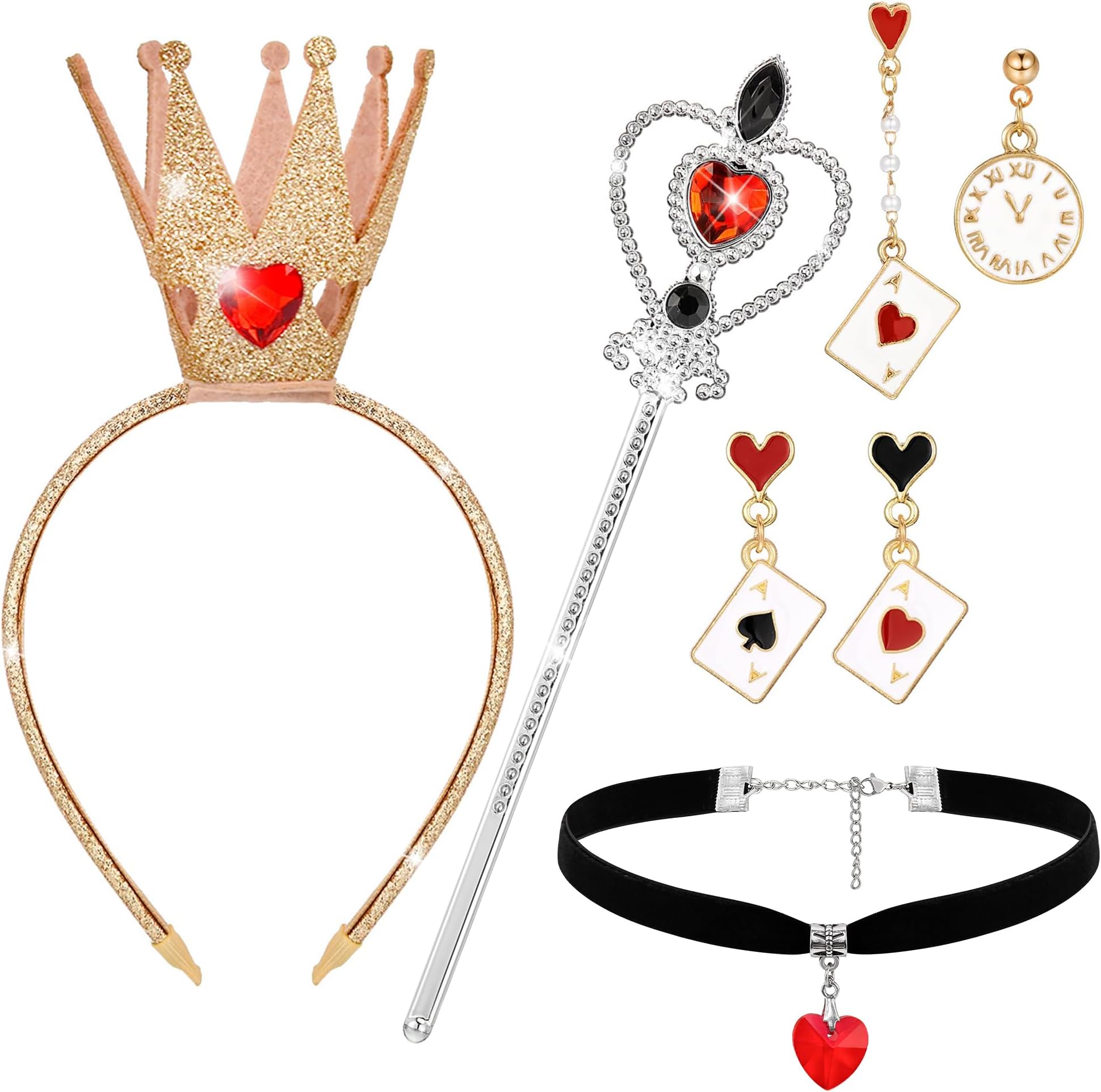 Horolam Queen Costume Accessories, Red Heart Queen Costume Set with Crown Headband Wand Choker Necklace Earrings for Women