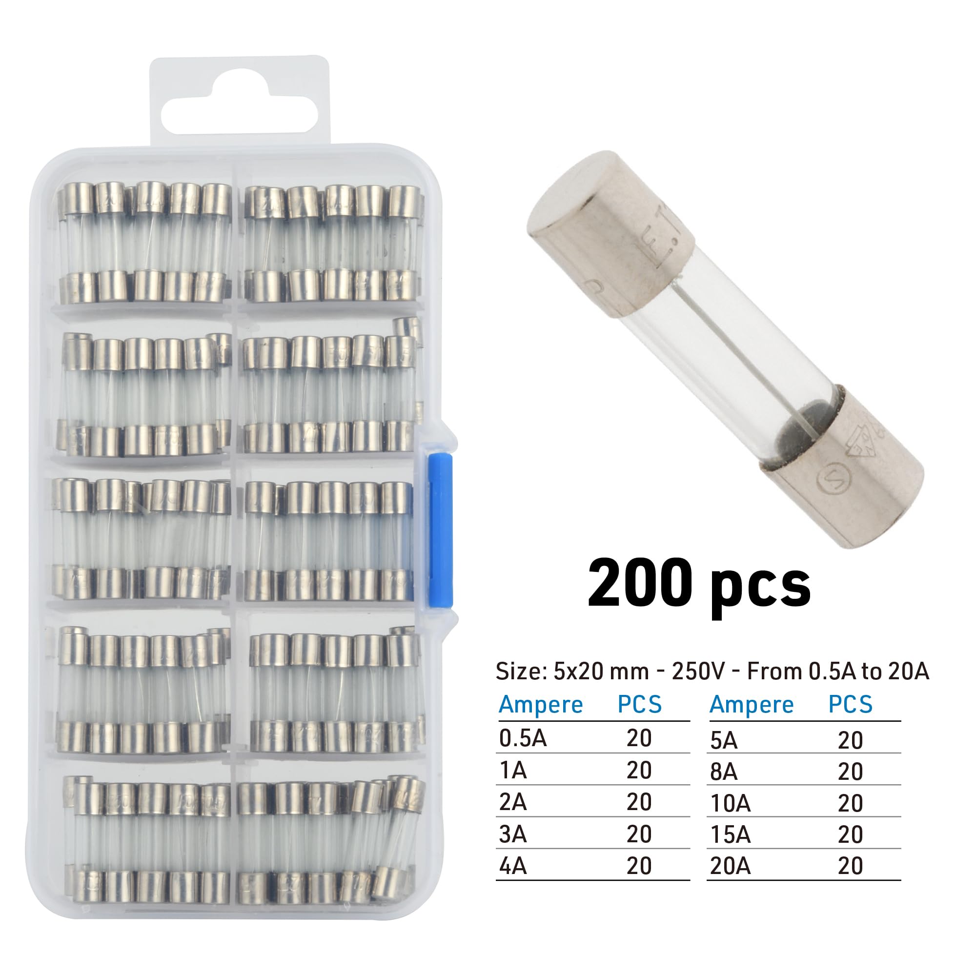 Kit 180 Fusibili In Vetro 5x20mm - 15 Valori Da 0,1A A 20A Per Riparazioni - Foto 3