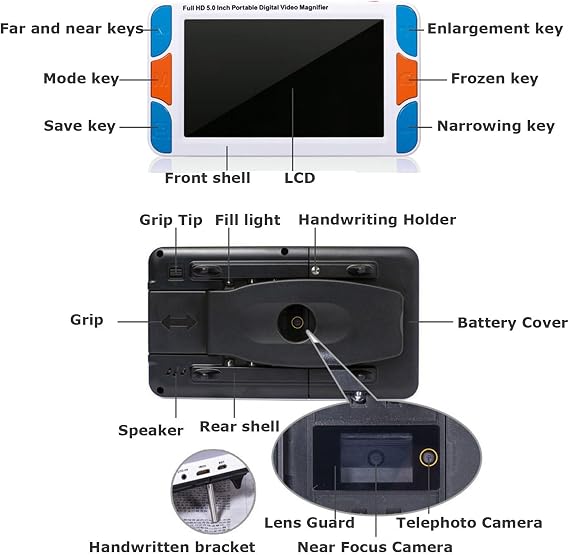 Portable Digital Video Magnifier Electronic Reading Aid 5.0 Inch with Foldable Handle for The Visually Impaired Macular Degeneration Low Vision, 3X-48X Times Zoom 26 Color Modes