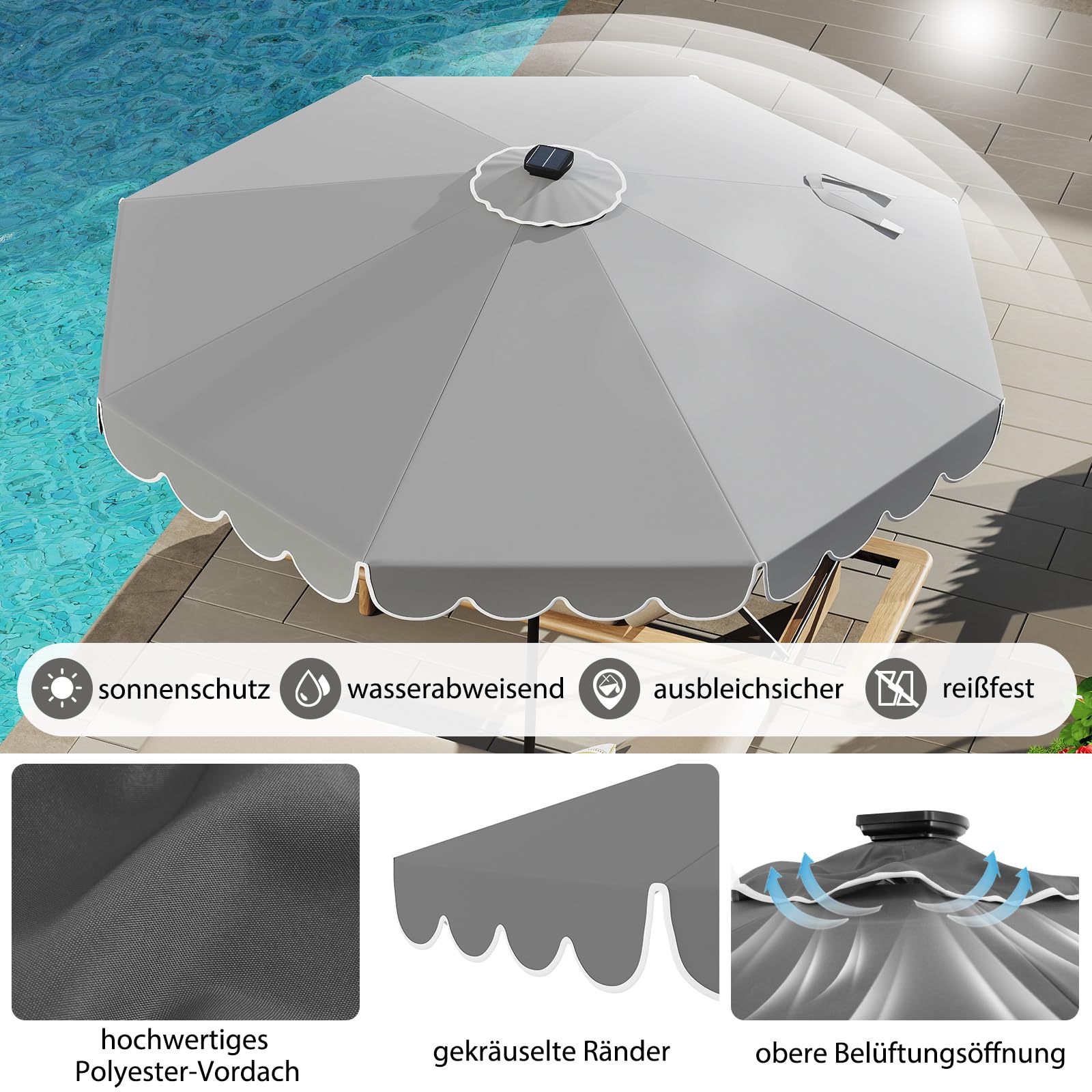 COSTWAY 300 cm Sonnenschirm mit LED-Beleuchtung, Gartenschirm mit Kurbel