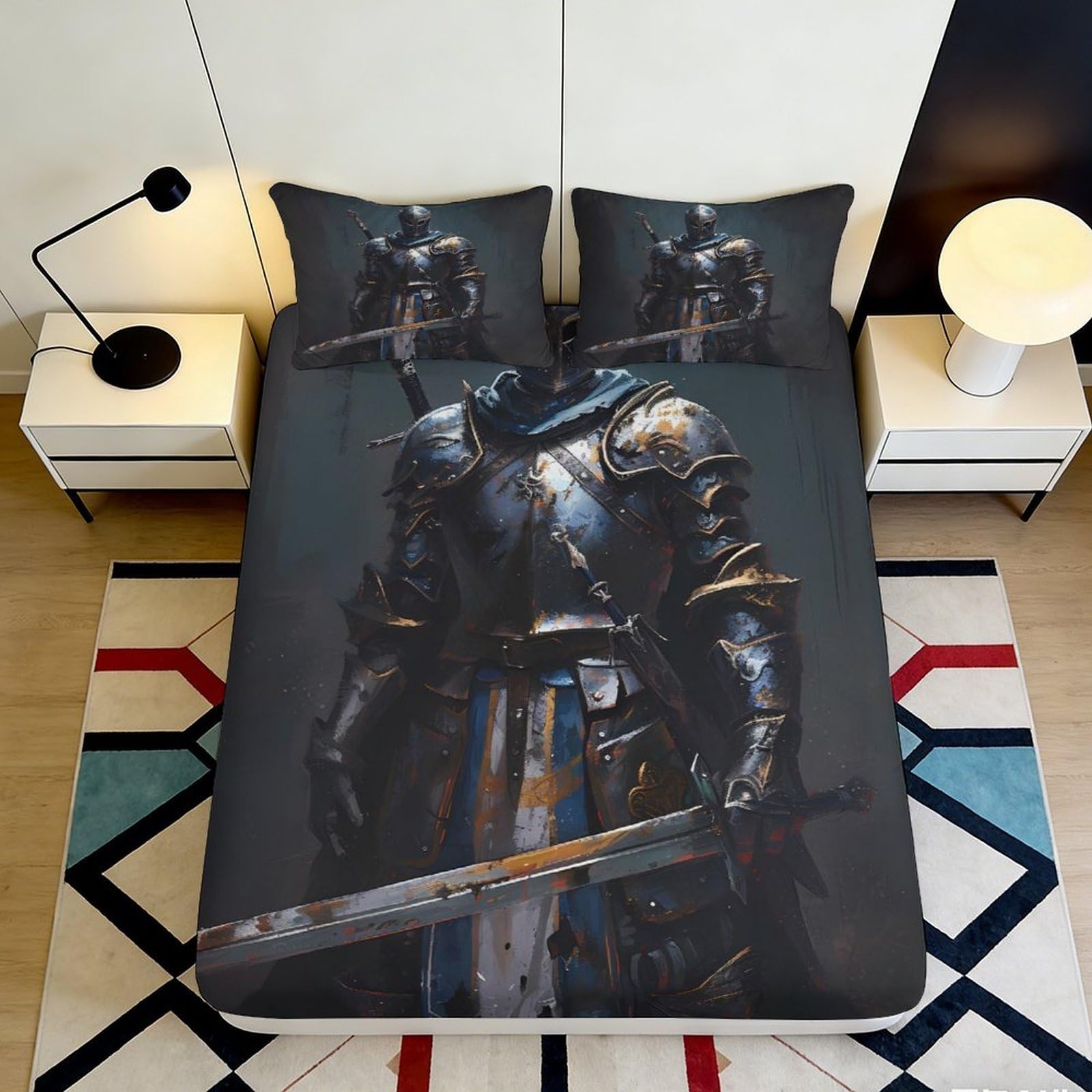 3D Printed Knight Fitted Sheet Microfiber Deep Pocket Bedroom Bedding Knight Mattress Fitted Cover Elastic Washable 200x200x25cm