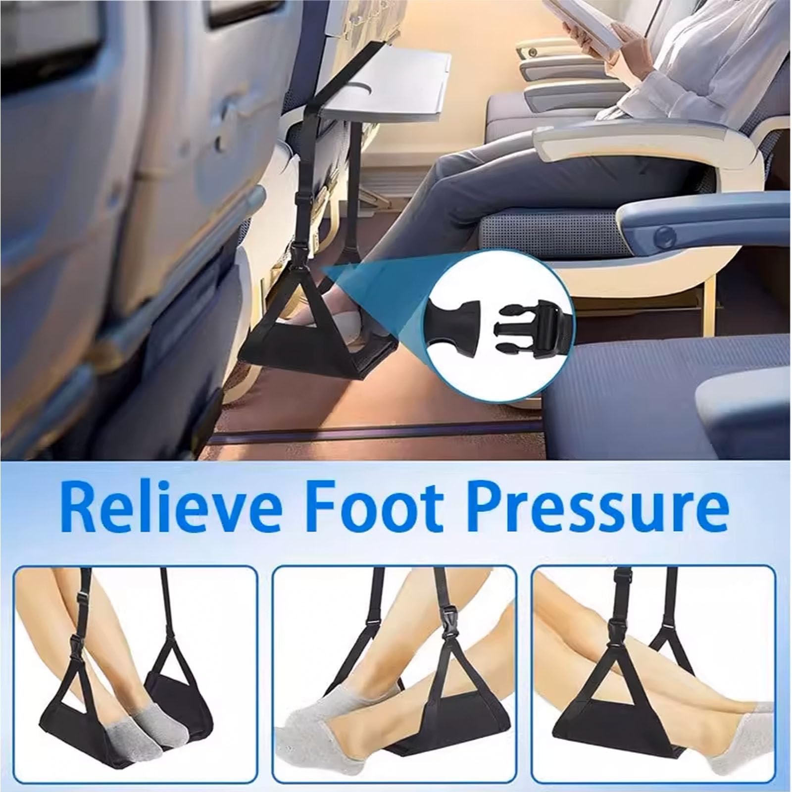 Fußstütze Flugzeug Verstellbare flugsimulator zubehör 78-130 cm mit 10 Einweg-Überschuhen Ergonomische Fußstütze für ReiseTragbare Fußhängematte für Reise Auto Büro Fördert Durchblutung (Black)