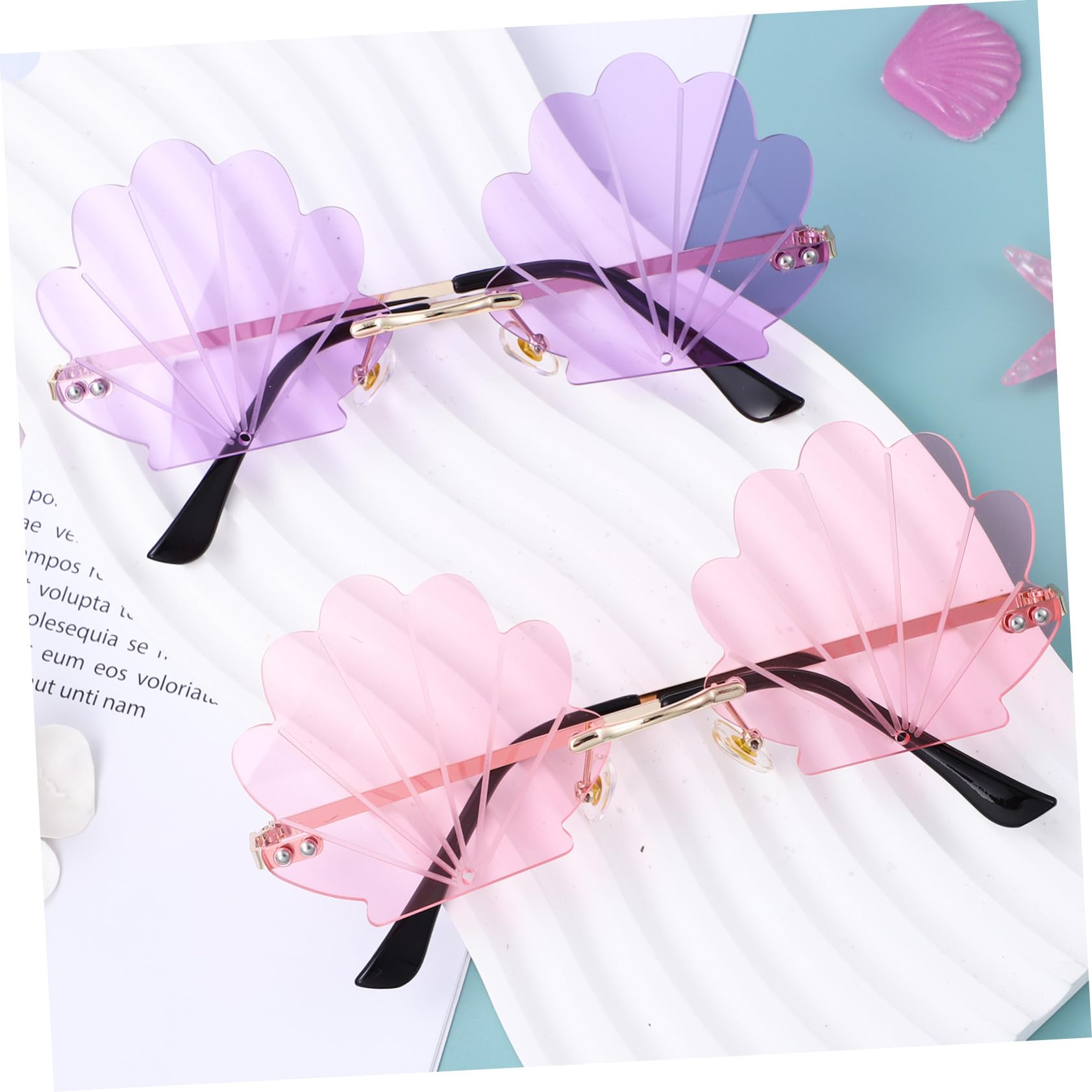 Lot De 2 Lunettes De Soleil Photo Coquillage Sans Monture Métal Et Polycarbonate, Verres Rose Et Violet, Accessoires Fête Pour Femmes, Format 13,9 x 13,8 Cm, Style