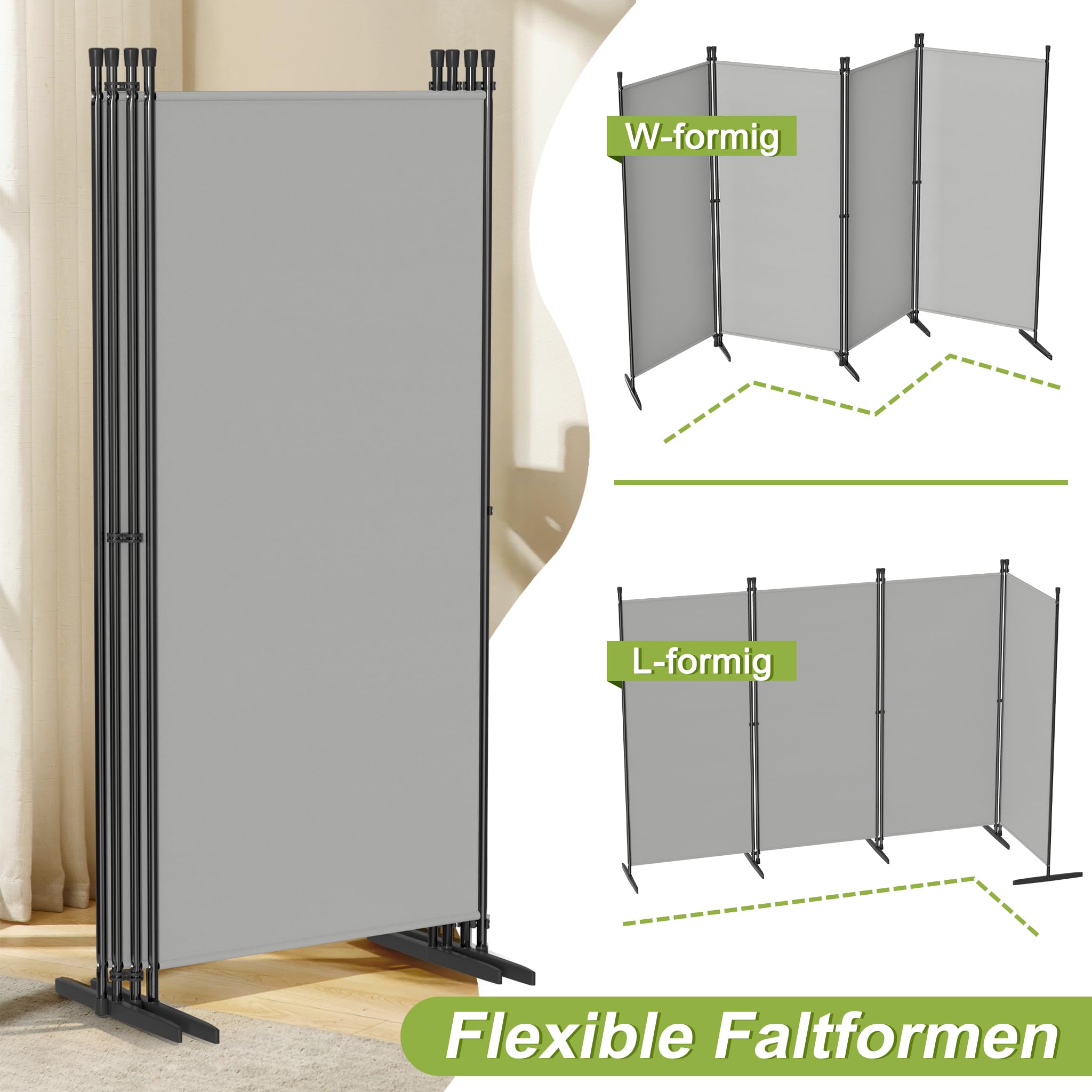 Froadp Biombo separador de habitaciones, 6 piezas, plegable, 300 x 180 cm, flexible, protección visual con clavos y cuerdas, para salón, oficina, jardín, balcón, gris claro