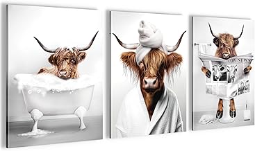 Novart Wandbilder Set Lustige Tiere Bulle - KOMPLETT AUFHÄNGFERTIG - Schlafzimmer Flur Badezimmer Deko - 3 Moderne Bilder Bulle Badewanne - N032935a