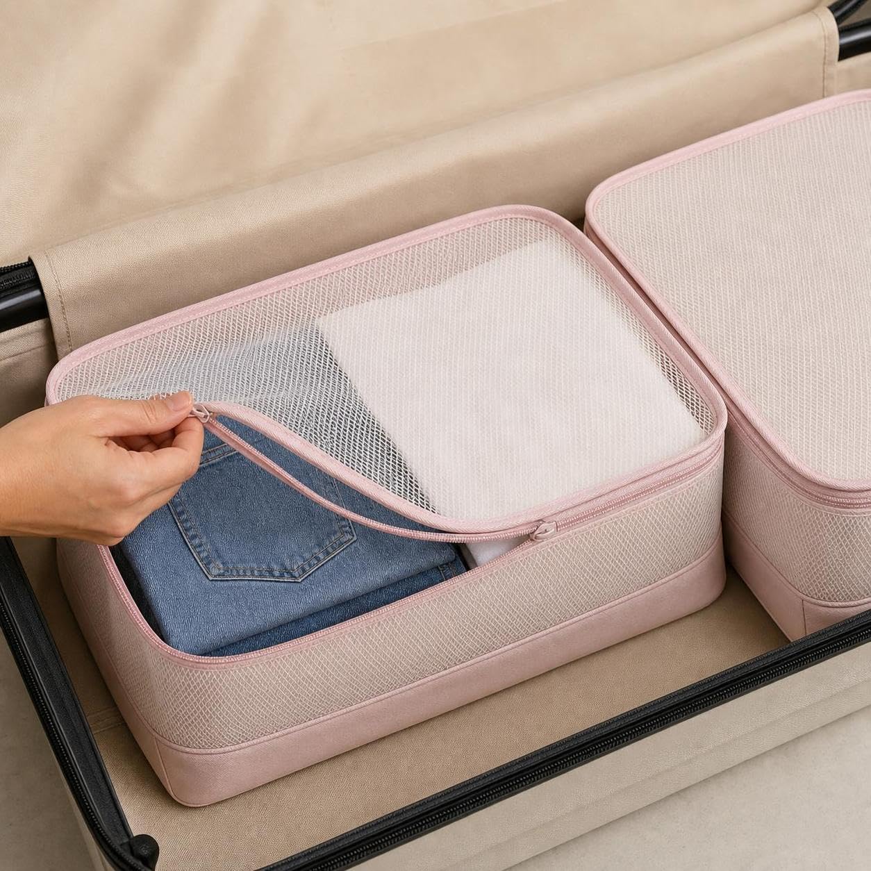 Reise-Organiz, Packtasche, Kompression, 5-in-1-Set, Lavendelviolett | Stoff-Varbeitung, Reise-Organiz Textil, Reiseutensilien vstauen, Für Vielreisende