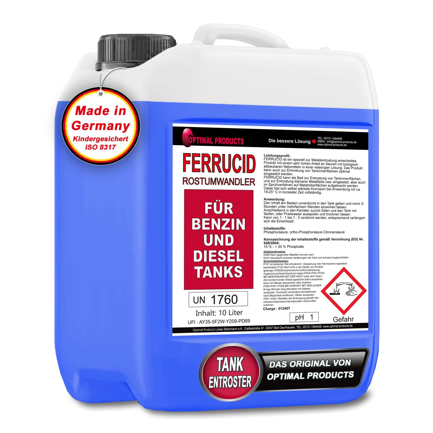 Optimal Products die bessere Lösung Rostumwandler für Benzin + Dieseltanks mit LANGZEIT Rostschutz 10 Liter Premium