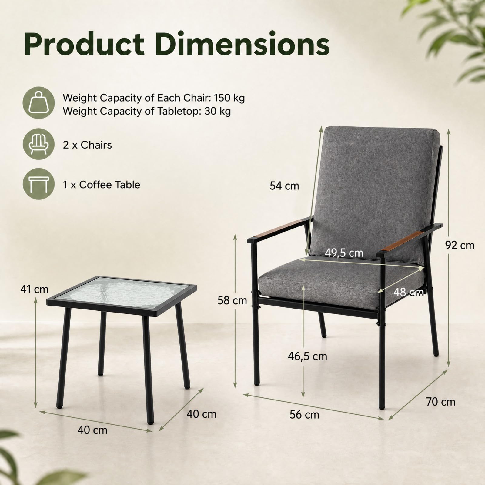 GOPLUS Juego de Muebles de Jardín Exterior de 3 Piezas con 4 Cojines | Conjunto de Conversación de Patio con 2 Sillas, Mesa Auxiliar de Vidrio Templado, Juego de Mesa y Sillas para Terraza Piscina