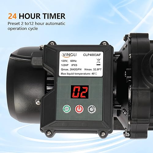 Miniatura 4 de VINGLI Filtro de piscina de arena tanque de 12 pulgadas con una bomba de piscina de 12 HP de 115 V, temporizador de 24 horas, bomba de piscina sobre
