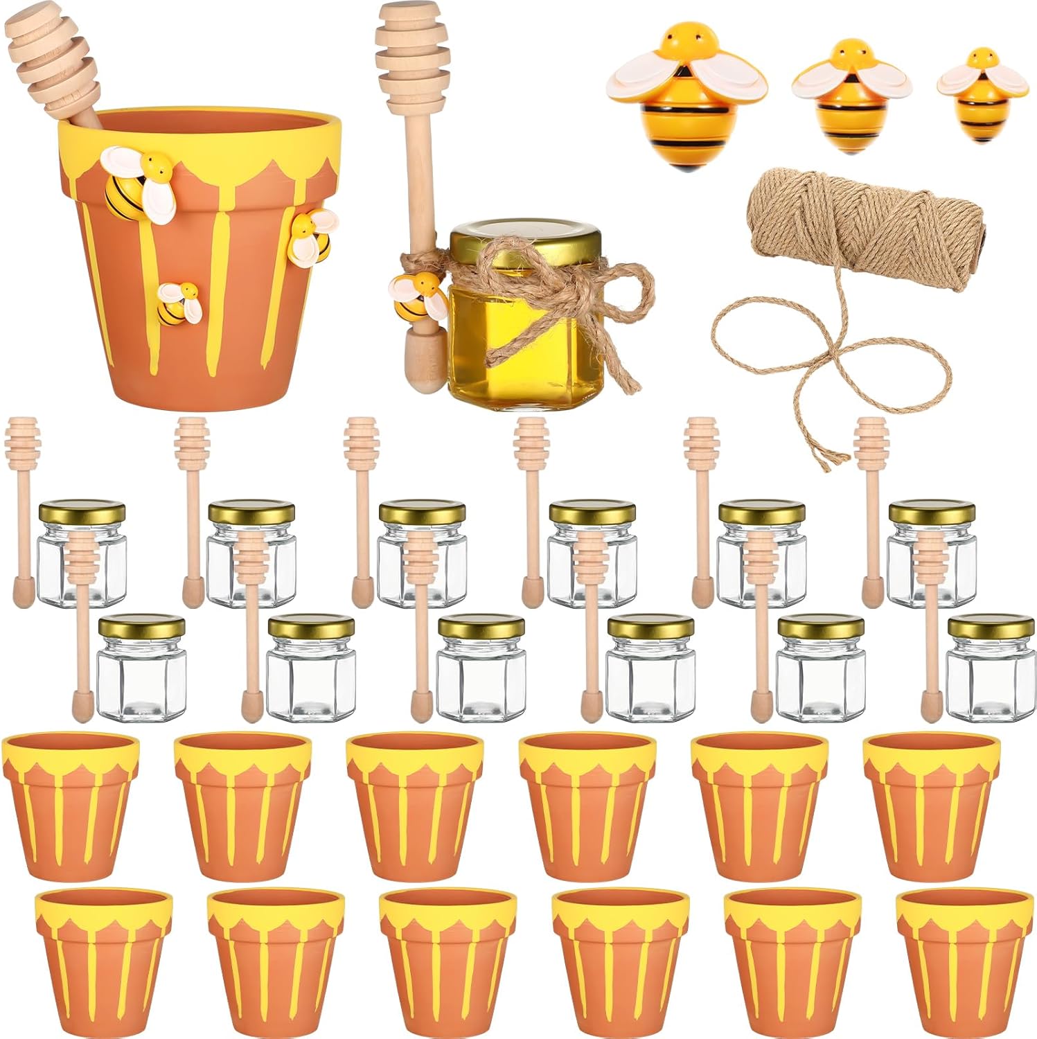 72 Pcs Mini Honey Jars Set 12 1.5 oz Bee Glass Jars, 12 Ceramic Jar, 12 Stirrers, 35 Bees Resin 1 Roll of Hemp Rope for Bee Festival Jams Wedding Baby Shower Party Favors Gift