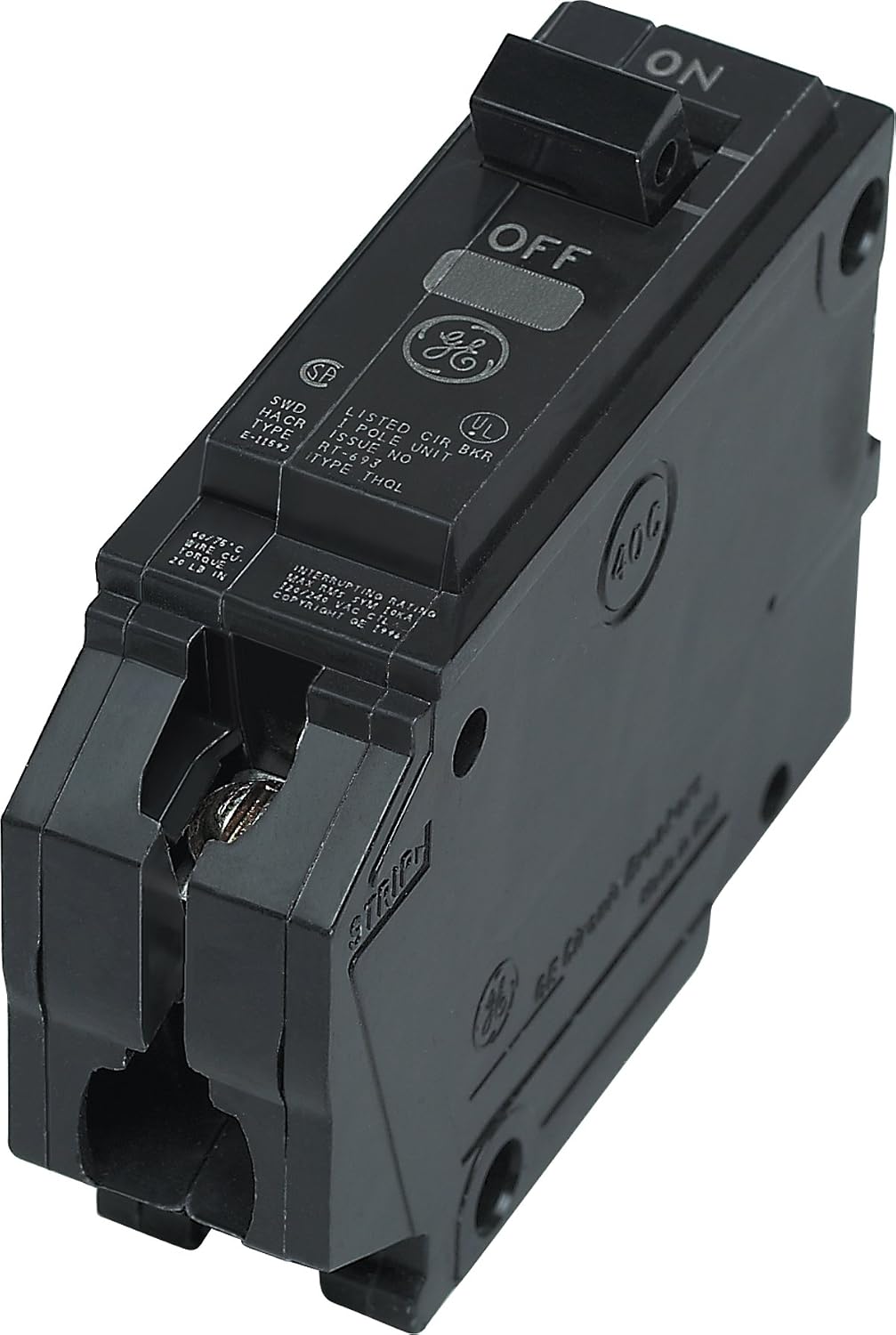 General Electric THQL1125 Circuit Breaker, showing ON/OFF toggle and terminal screws.