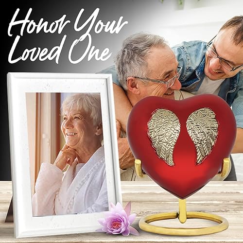 Miniatura 6 de Urna de recuerdo de corazón rojo mini urna de cremación de corazón con soporte y caja pequeña urna de corazón de ángel para cenizas humanas honra a