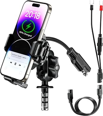 BRCOVAN دراجة نارية شوكة الجذعية حامل الهاتف جبل مع تشى 15 W شاحن لاسلكي & 36 W PD/USB-C ميناء الشحن السريع، ومكافحة السرقة، مع الاهتزاز مخمد، 1 s قفل & الافراج، كاميرا ودية، حجم قابل للتعديل