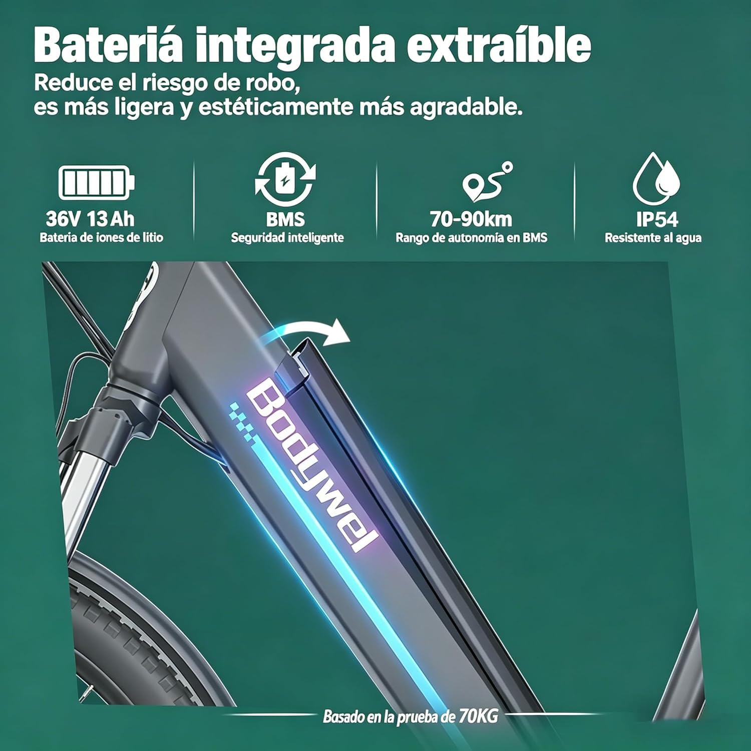 Bodywel A26 Bicicleta Eléctrica Hombre 26 Pulgadas, E-Bike con Batería Extraíble 36V 13Ah, Autonomía 35–60 km, Motor 250W, 7 Velocidades, Frenos de Disco Mecánicos